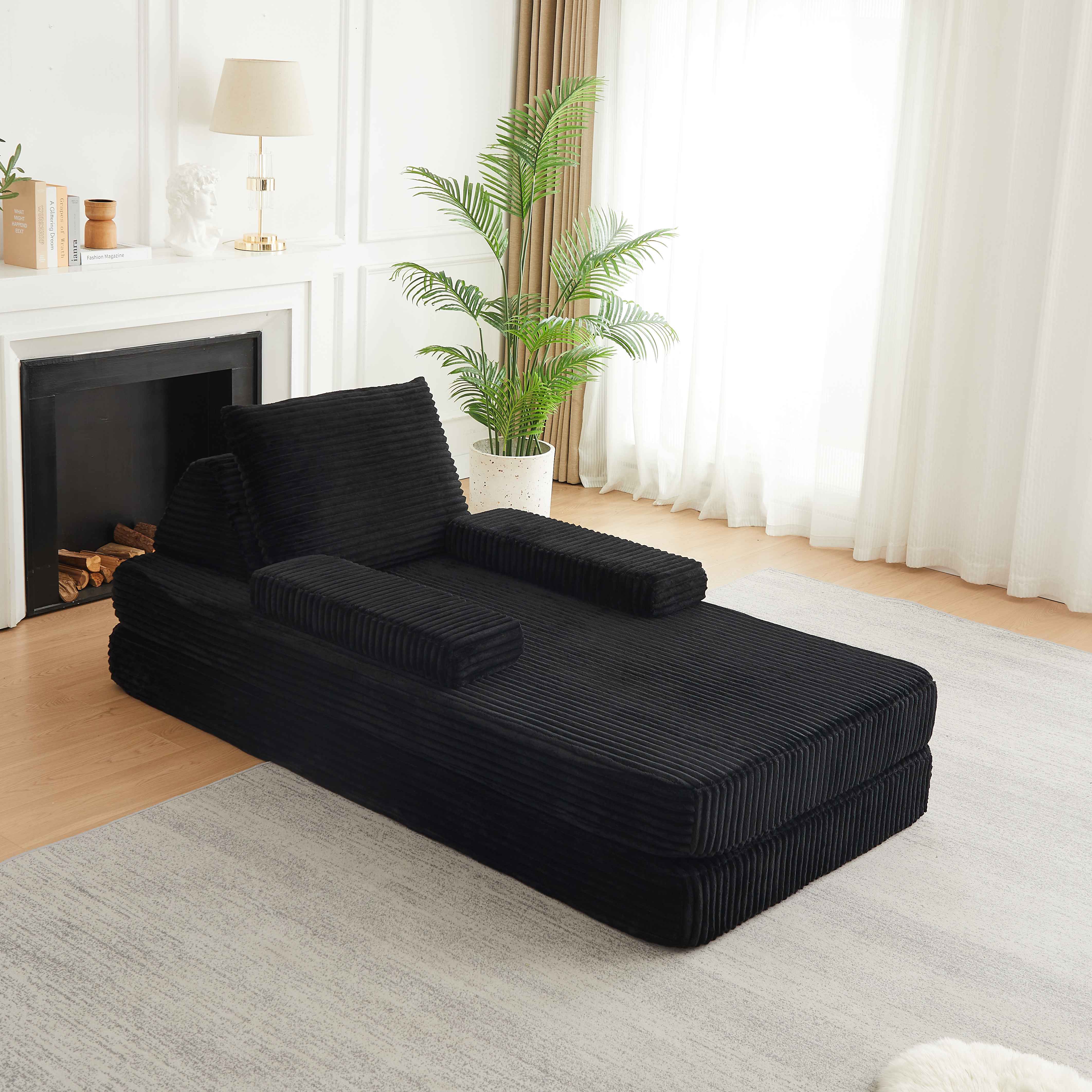 Canapé Convertible Noir en Corduroy 211x107cm, Modulable avec Dossiers Triangulaires et Coussins Amovibles pour Salon ou Chambre Moderne