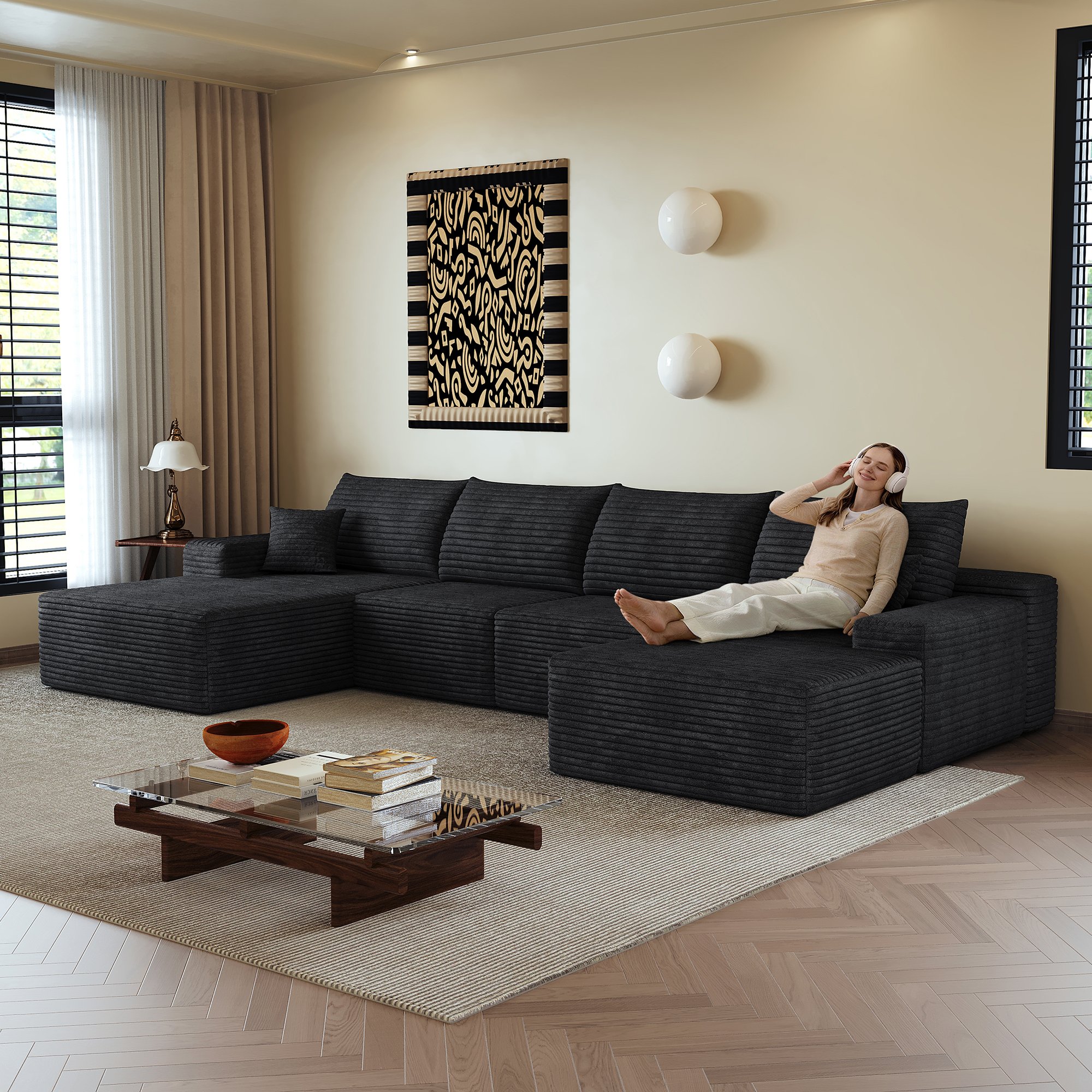 Canapé d'angle noir 340x175cm en velours côtelé, structure modulaire sans montage avec chaise longue profonde pour salon moderne