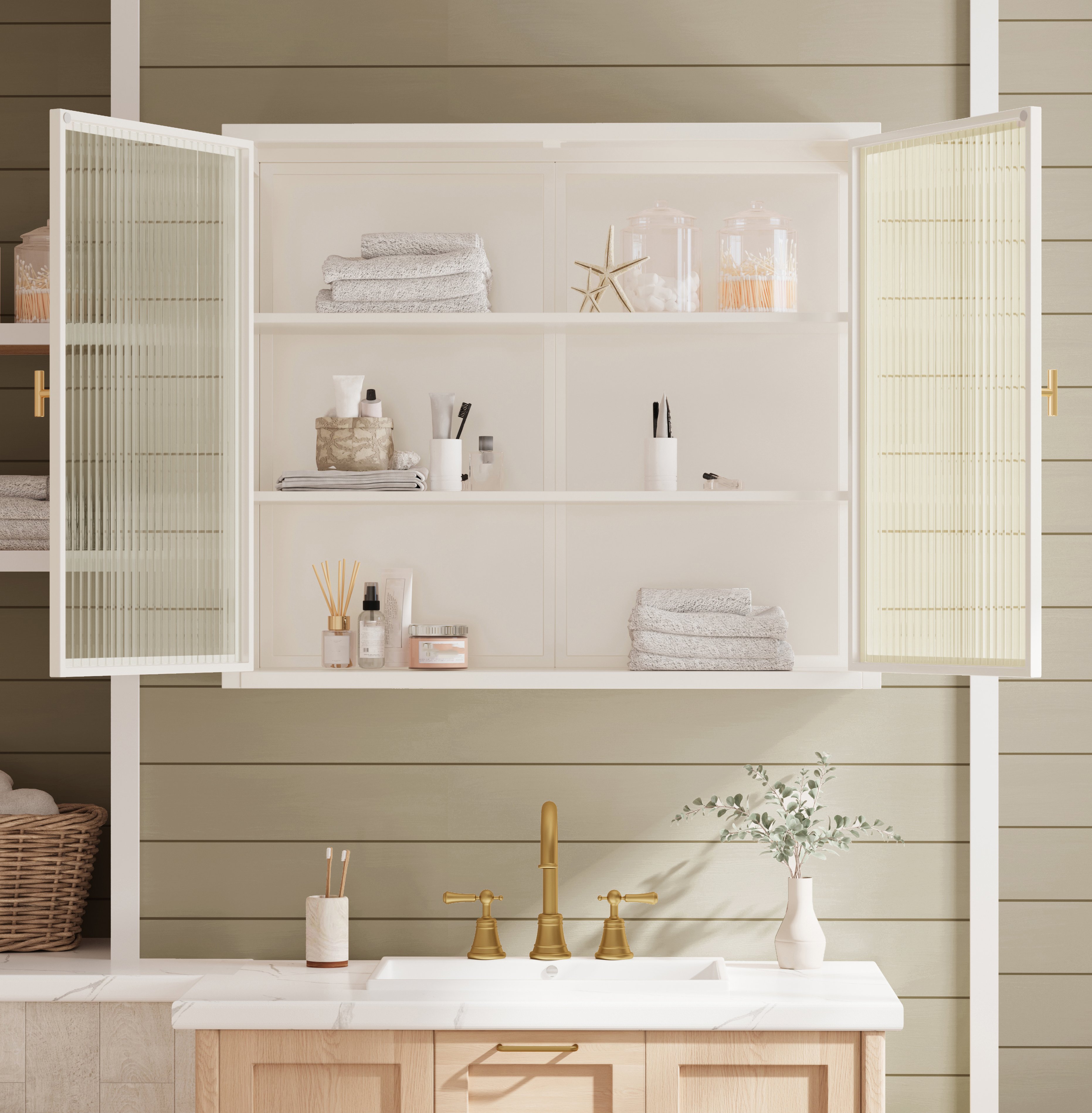 Buffet Murale Salle De Bains Blanc, Meuble Suspension Metal Verre, Rangement Multi-Usage Avec 3 Etageres 70x60