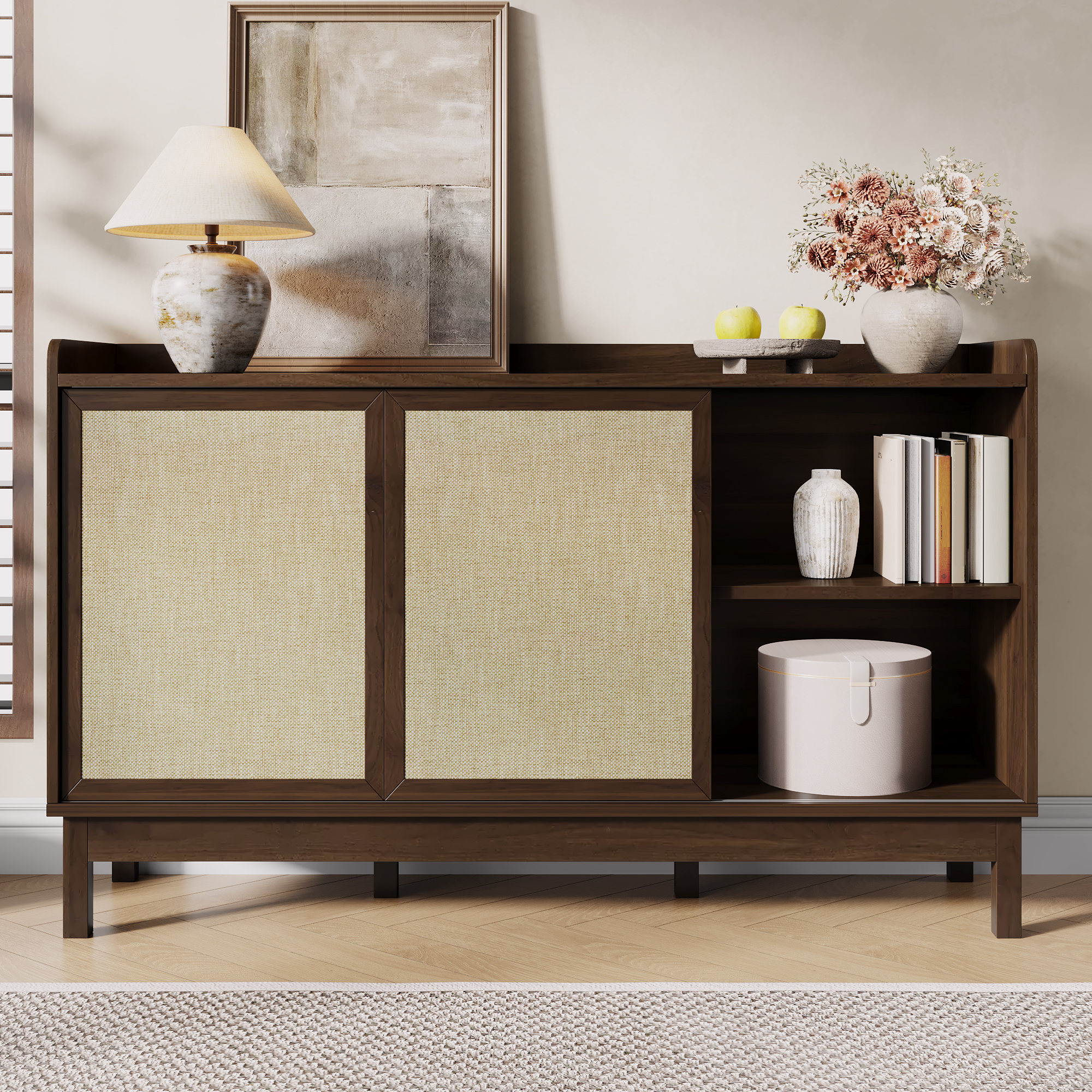 Buffet Entrée Contemporain Design Sans Poignées 2 Tiroirs Central Portes Latérales Rangement Ajustable