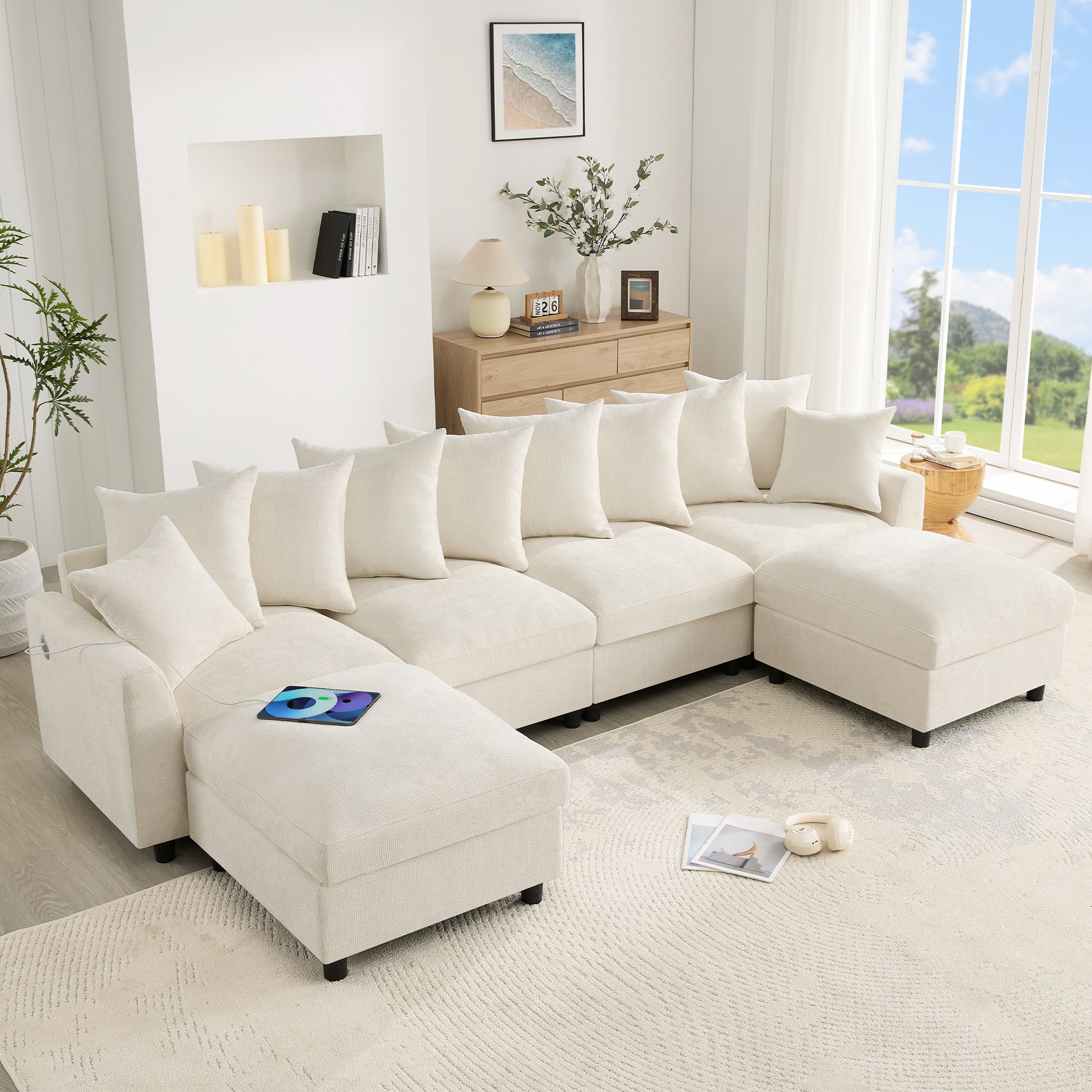 Canapé d'angle modulable 6 places beige en chenille waffle avec 2 poufs, ports USB Type-C et 10 coussins, structure bois massif