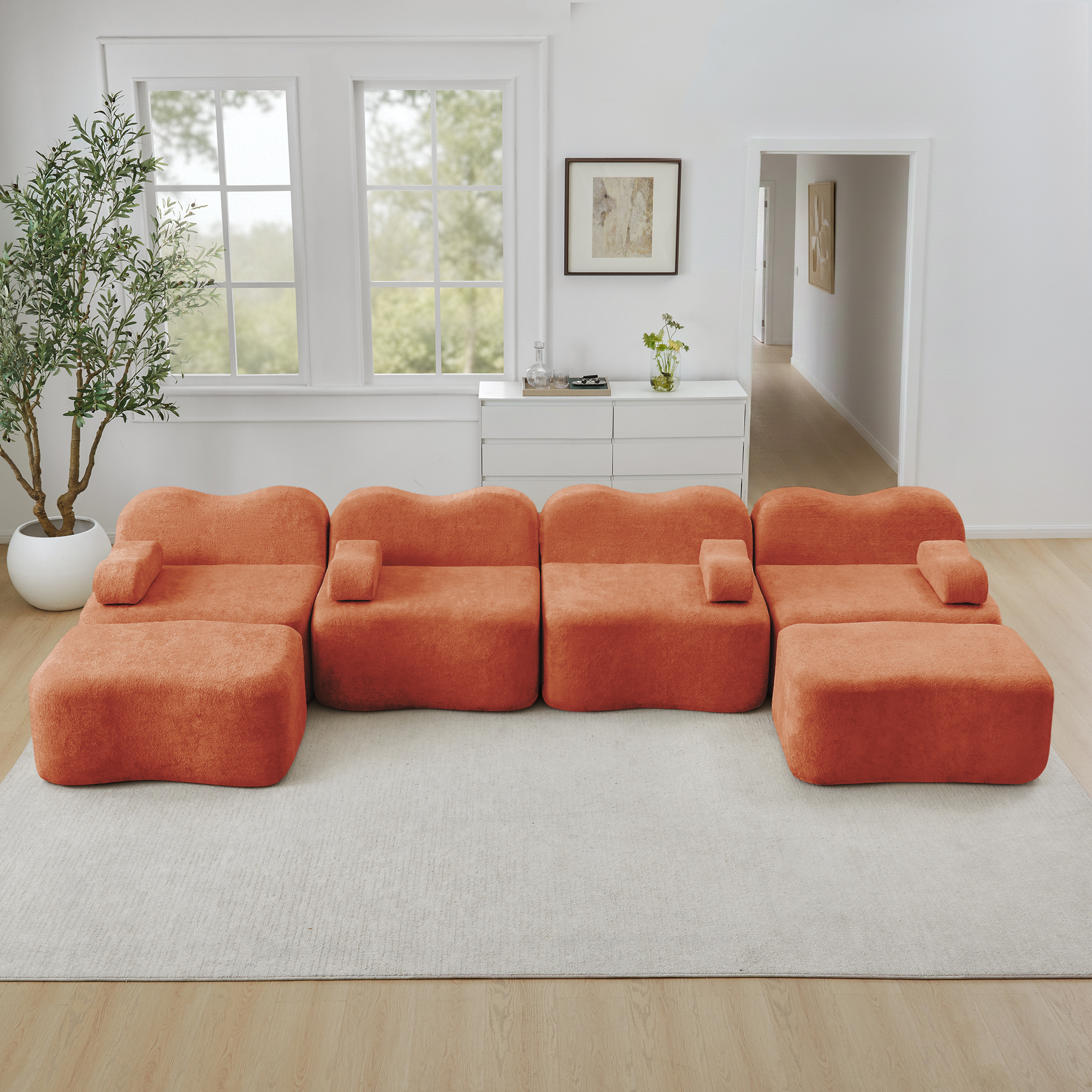 Canapé Modulable 4 Places En Forme De U Avec Tiroirs Intégrés Et Ottomans, Confortable Sans Dossier Pour Salon Moderne