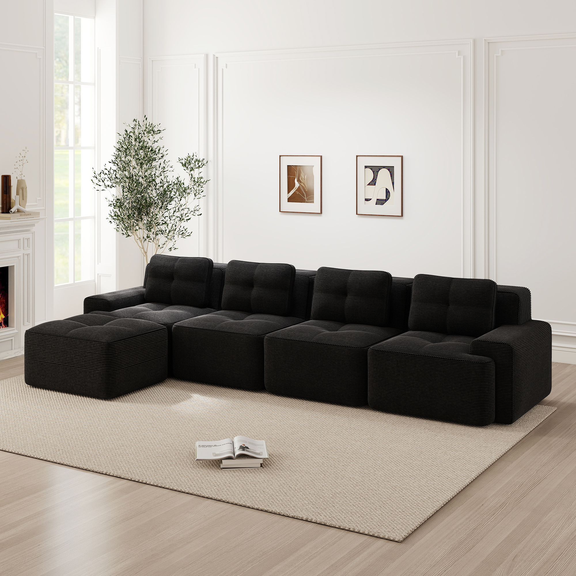 Canapé d'Angle Modulaire 4 Places 382x177x69 cm Méridienne Profonde Noir Tissu Côtelé Monté en 5 Colis Livraison Rapide