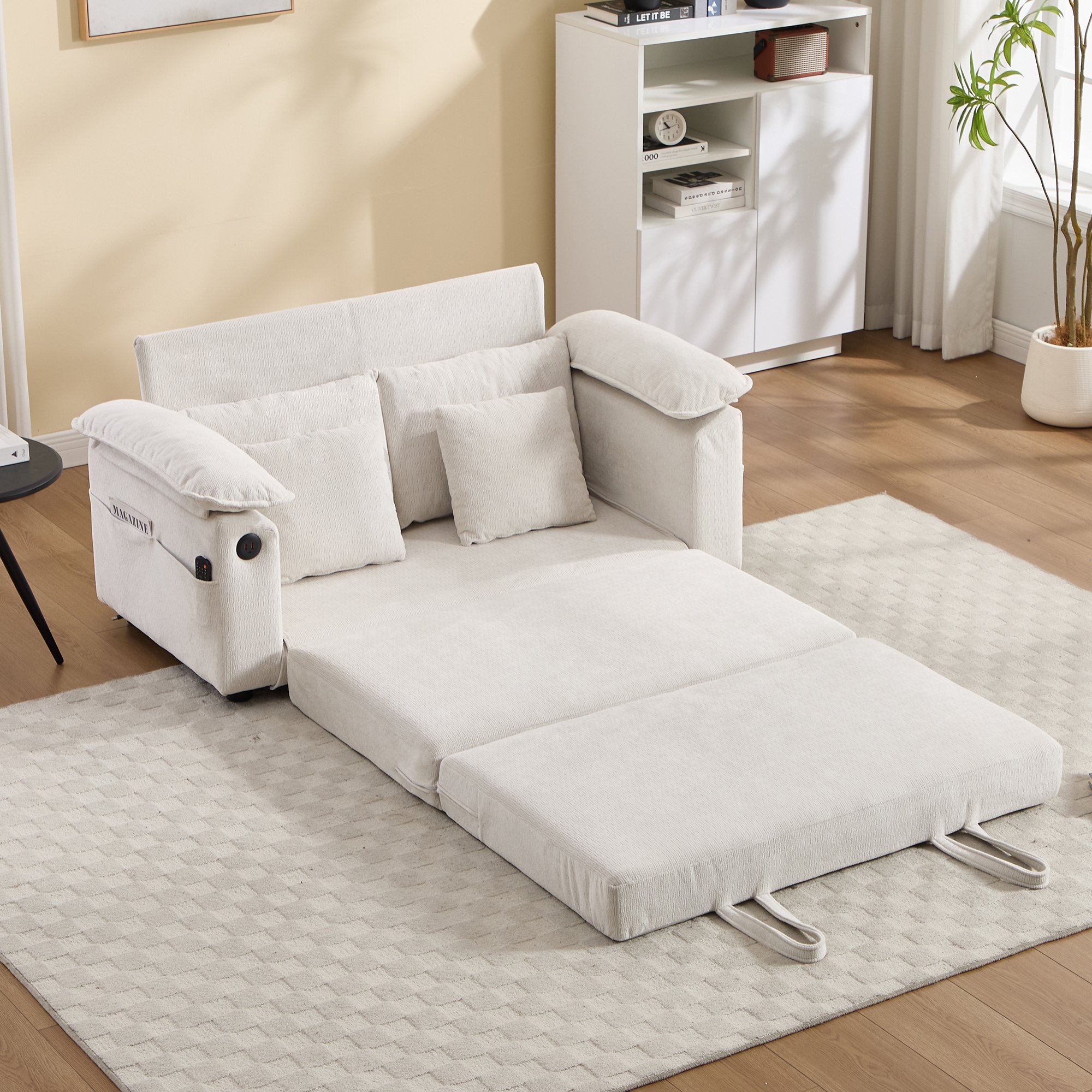 Canapé-lit futon convertible blanc en chenille 135x66x80 cm avec poches latérales et dossier inclinable pour salon