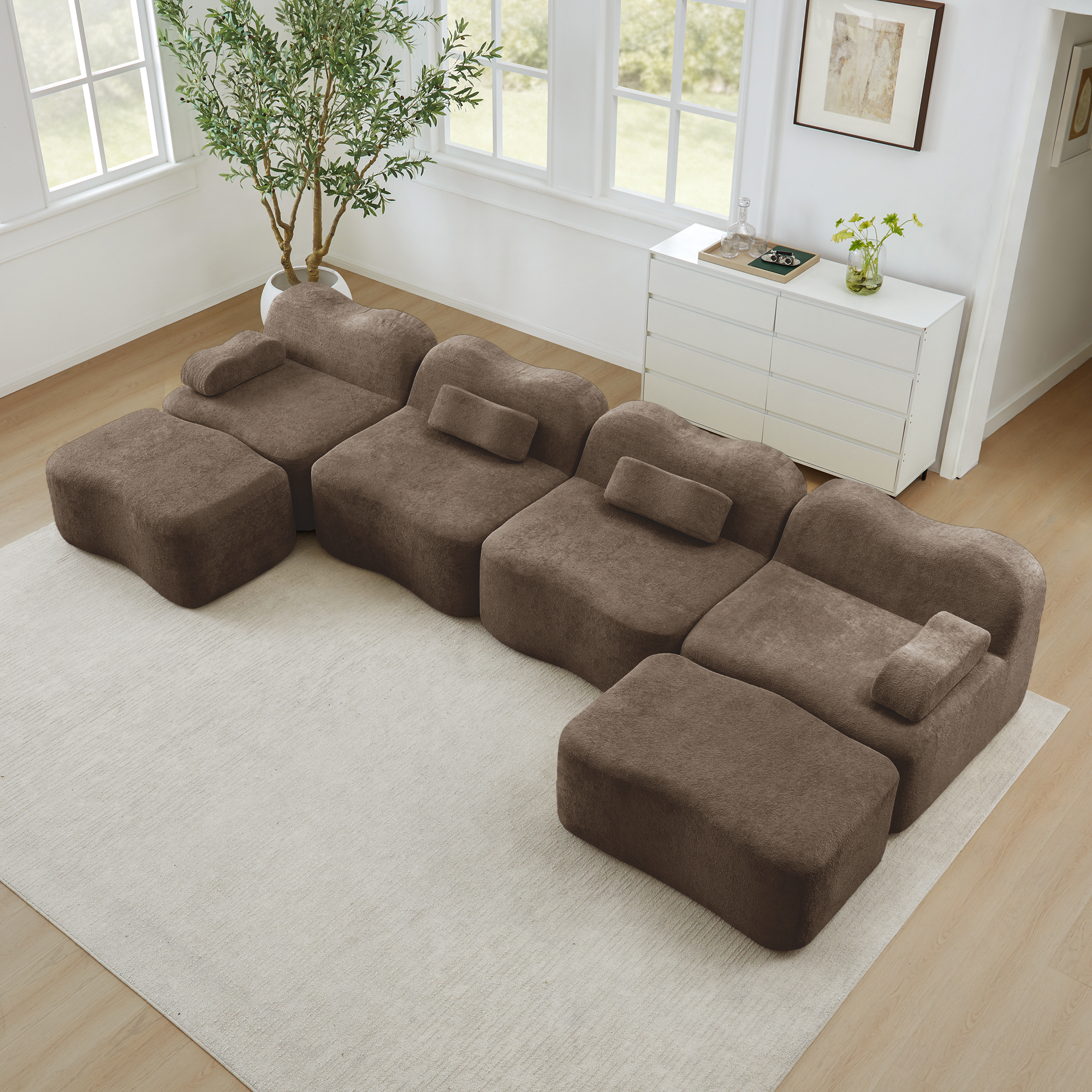 Canapé Modulable 4 Places En U Avec 2 Ottomans, Canapé Panoramique Sans Ossature En Velours Marron Pour Salon Moderne