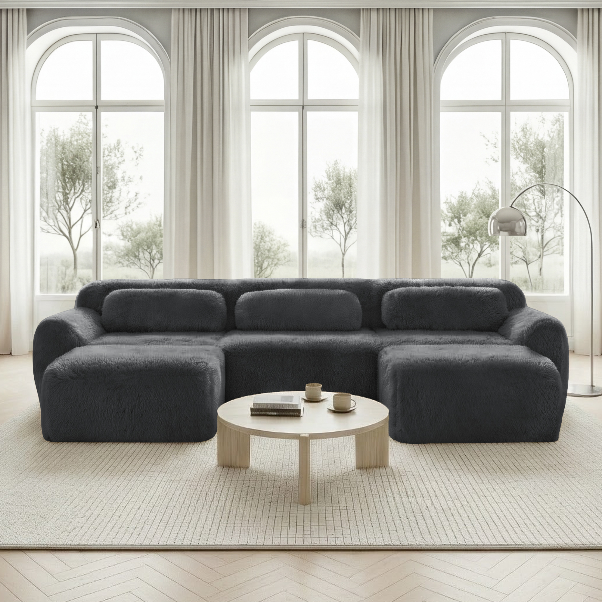 Canapé modulable panoramique sans dossier, confort cloud avec mousse haute résilience 32D, base antidérapante pour salon moderne