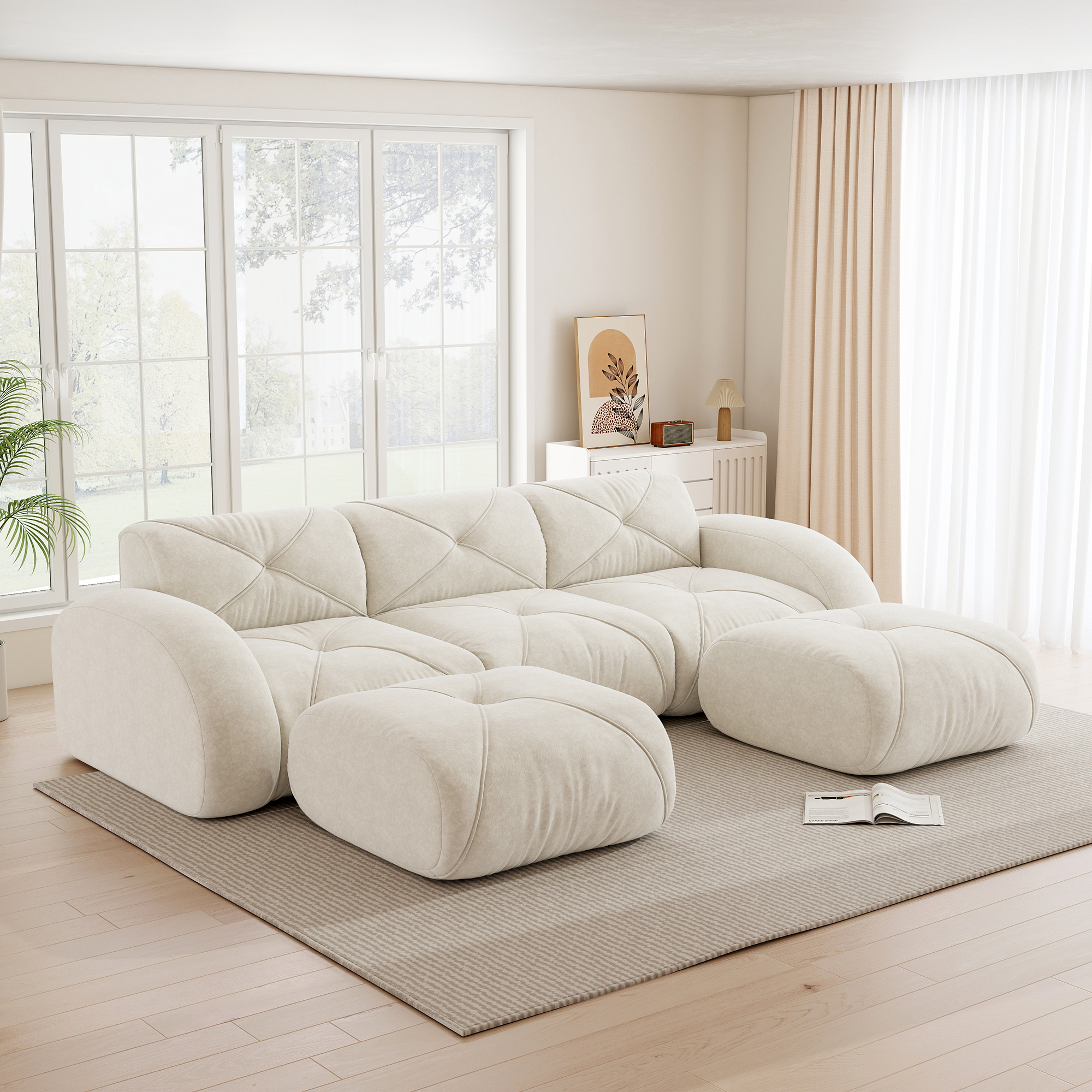 Canapé modulable en forme de U 3 places, revêtement chenille beige clair résistant aux griffes, design contemporain salon