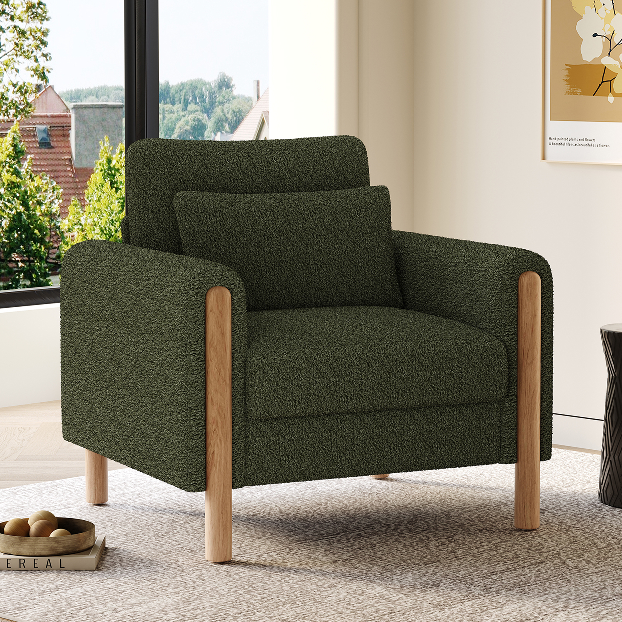 Canapé 1 place en teddy vert pour salon, chambre ou bureau, avec coussin épais et structure en bois massif