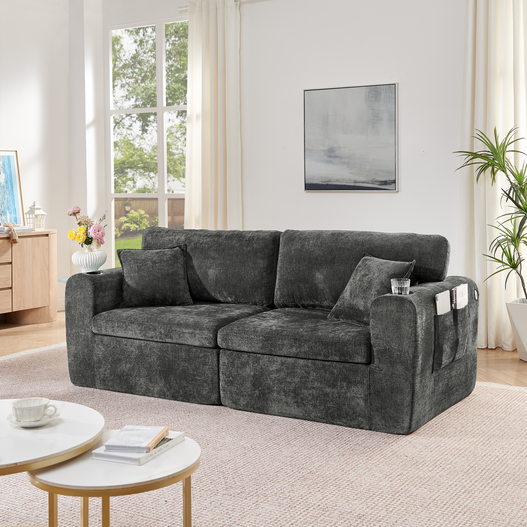 Petit canapé droit 2 places en tissu Chenille noir avec rangement latéral et port USB, siège relaxant lecture salon moderne