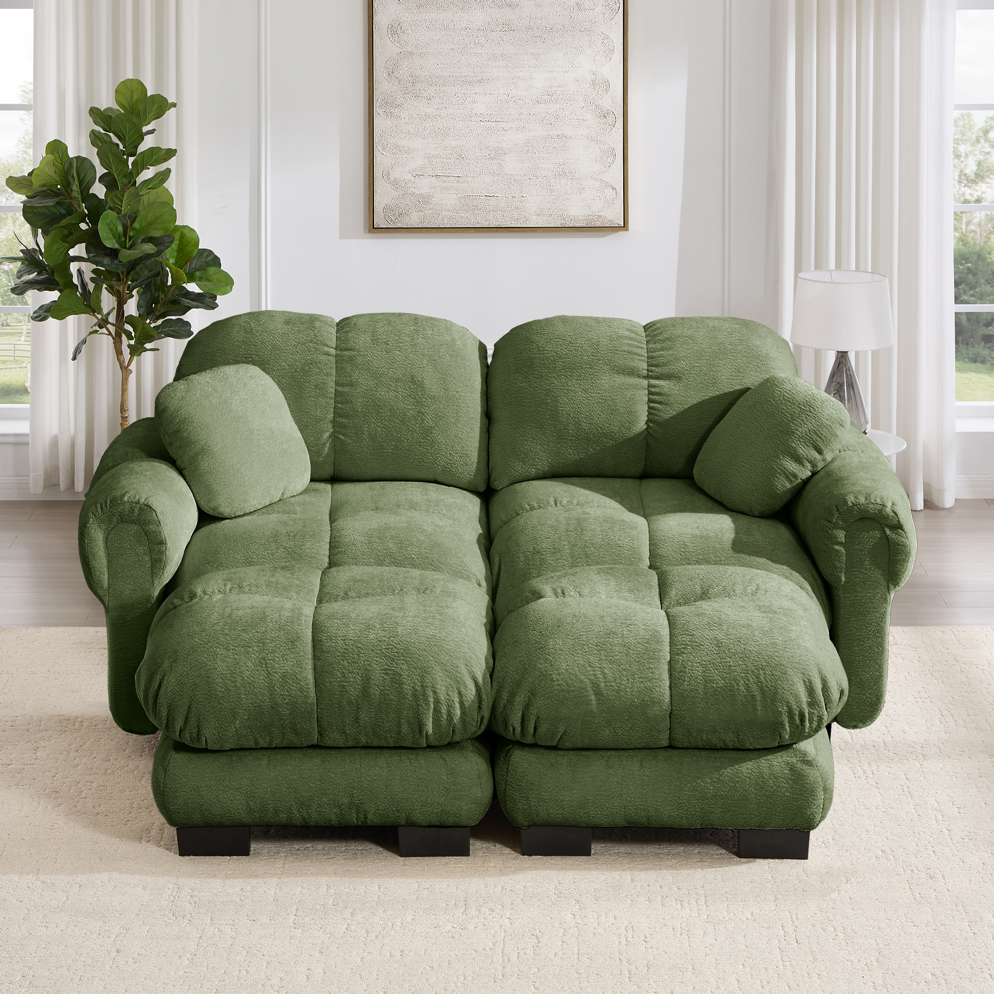 Canapé panoramique 2 places en U, Canapé modulable chenille vert, Design élégant avec ottomane mobile pour salon