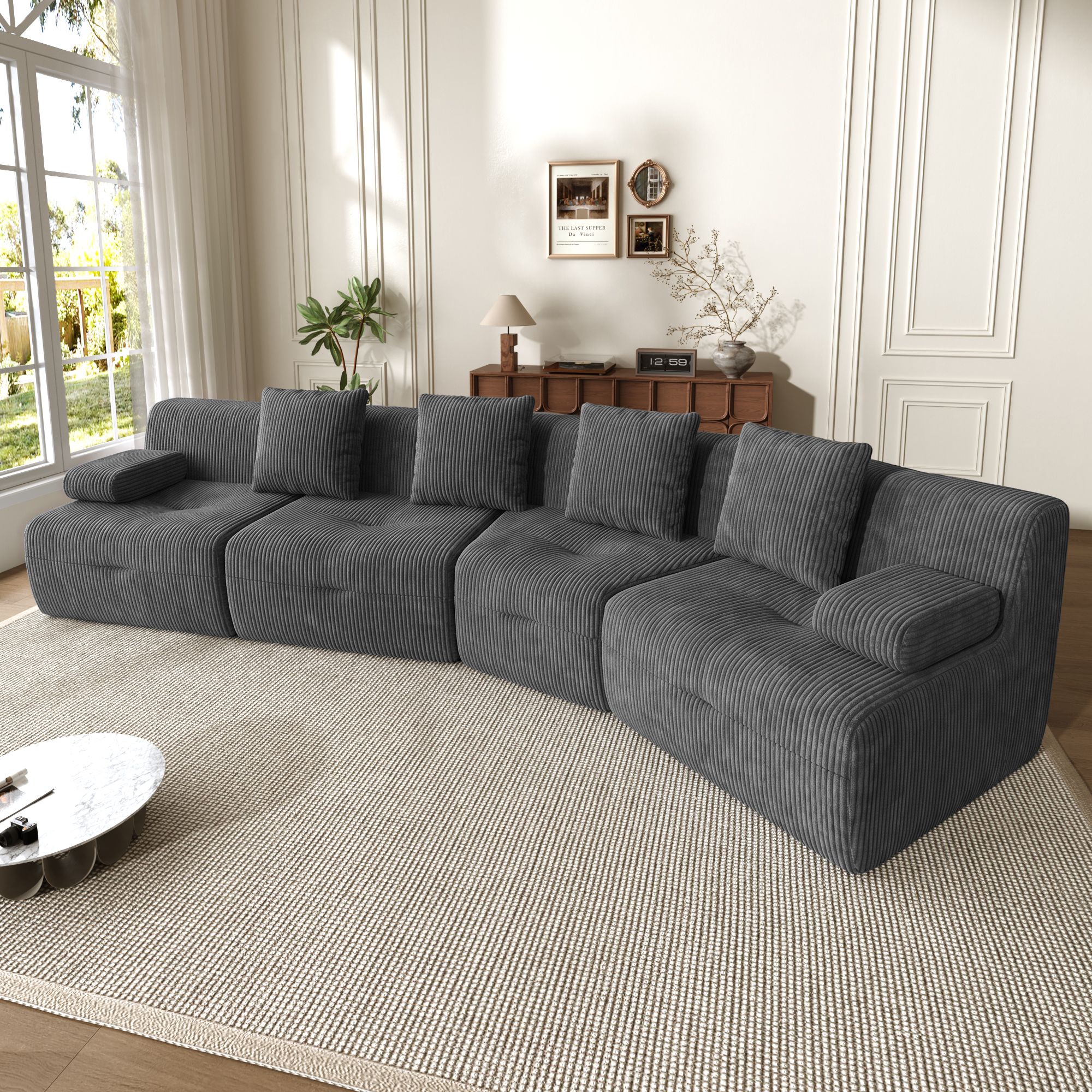 Canapé modulable 4 places en velours côtelé gris foncé, structure sans montage, dimensions 311x90x65 cm, idéal pour salon et appartement moderne