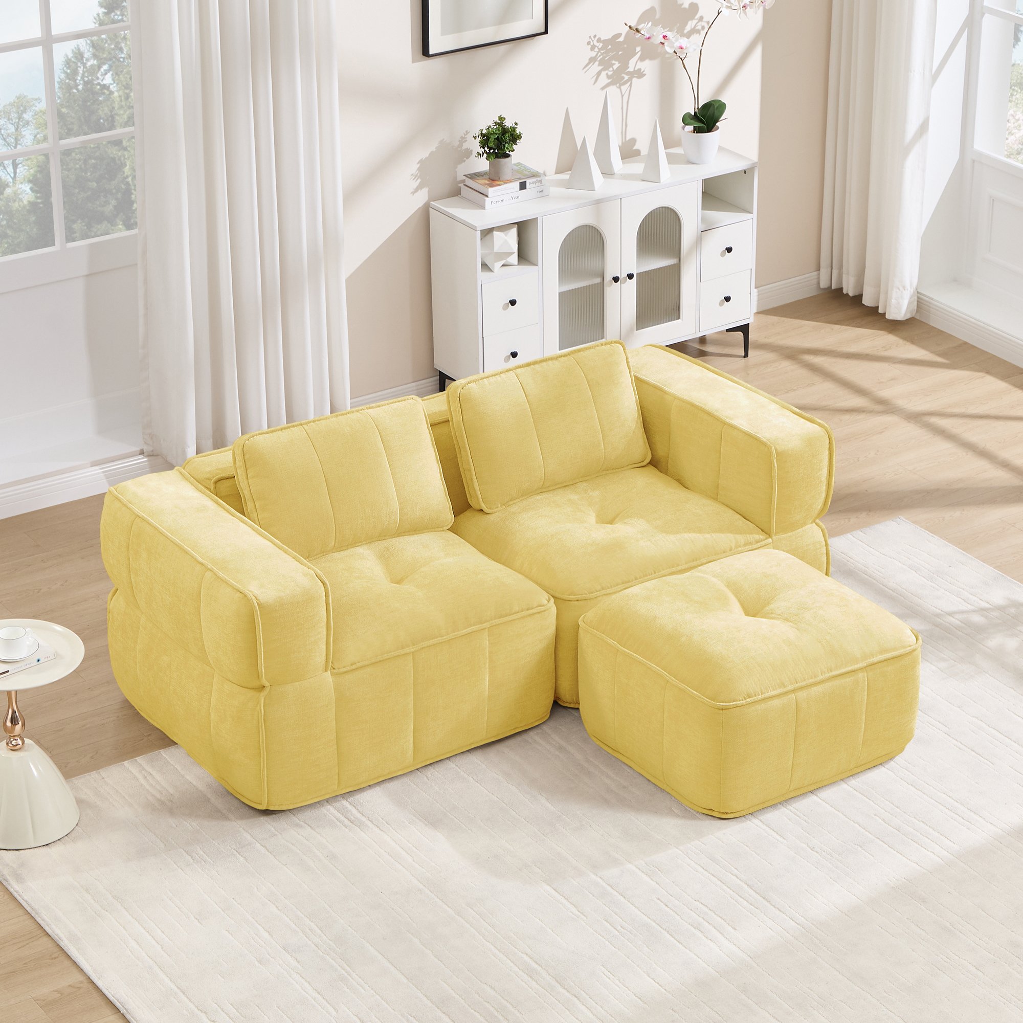 Canapé d'angle 198x162 cm jaune, 2 places avec ottoman, poids total 42,8 kg, capacité de charge 550 kg, livraison en 3 colis séparés