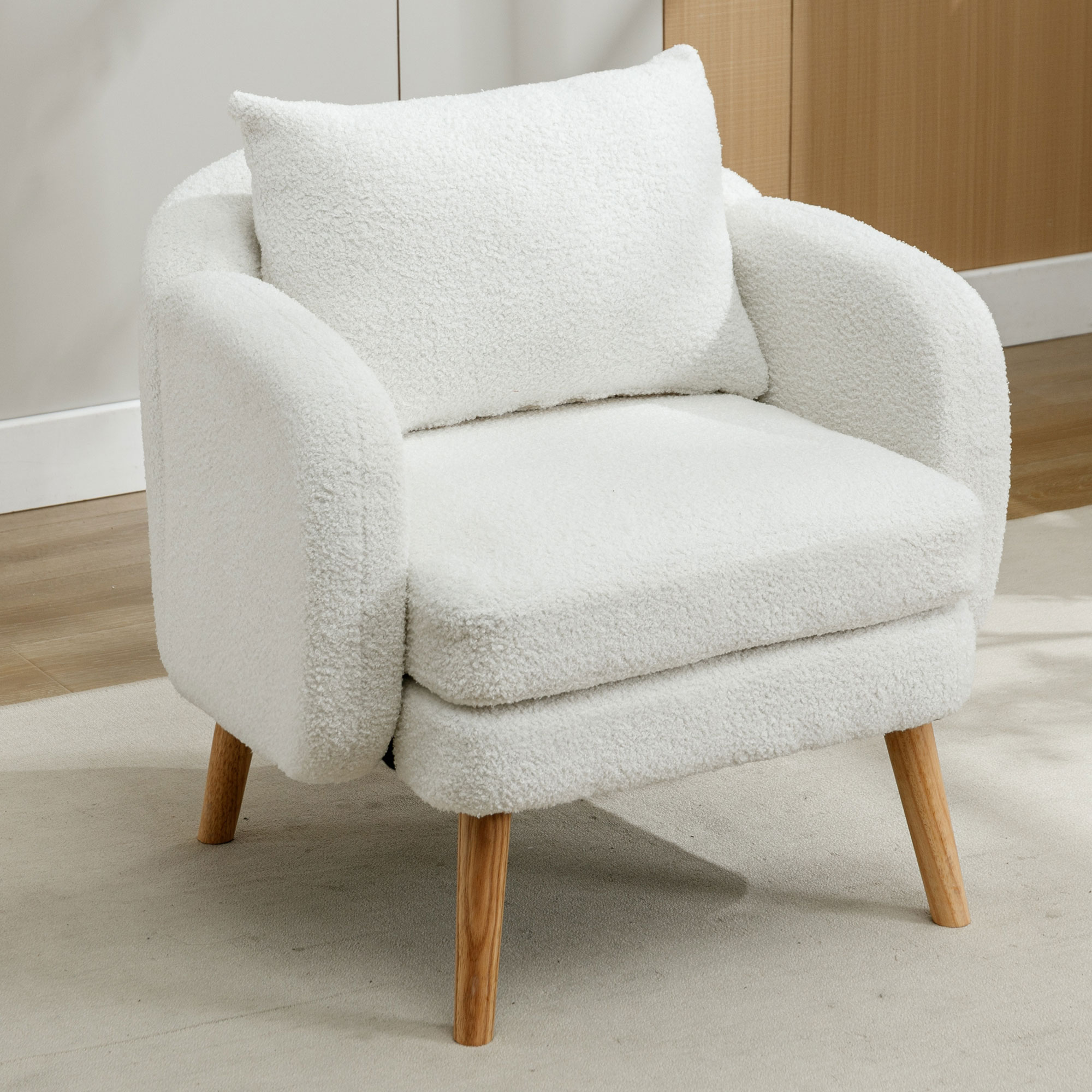 Fauteuil Blanc en Velours Teddy, Assise Rembourrée avec Coussin, Structure Bois Massif et Métal, Design Moderne pour Salon