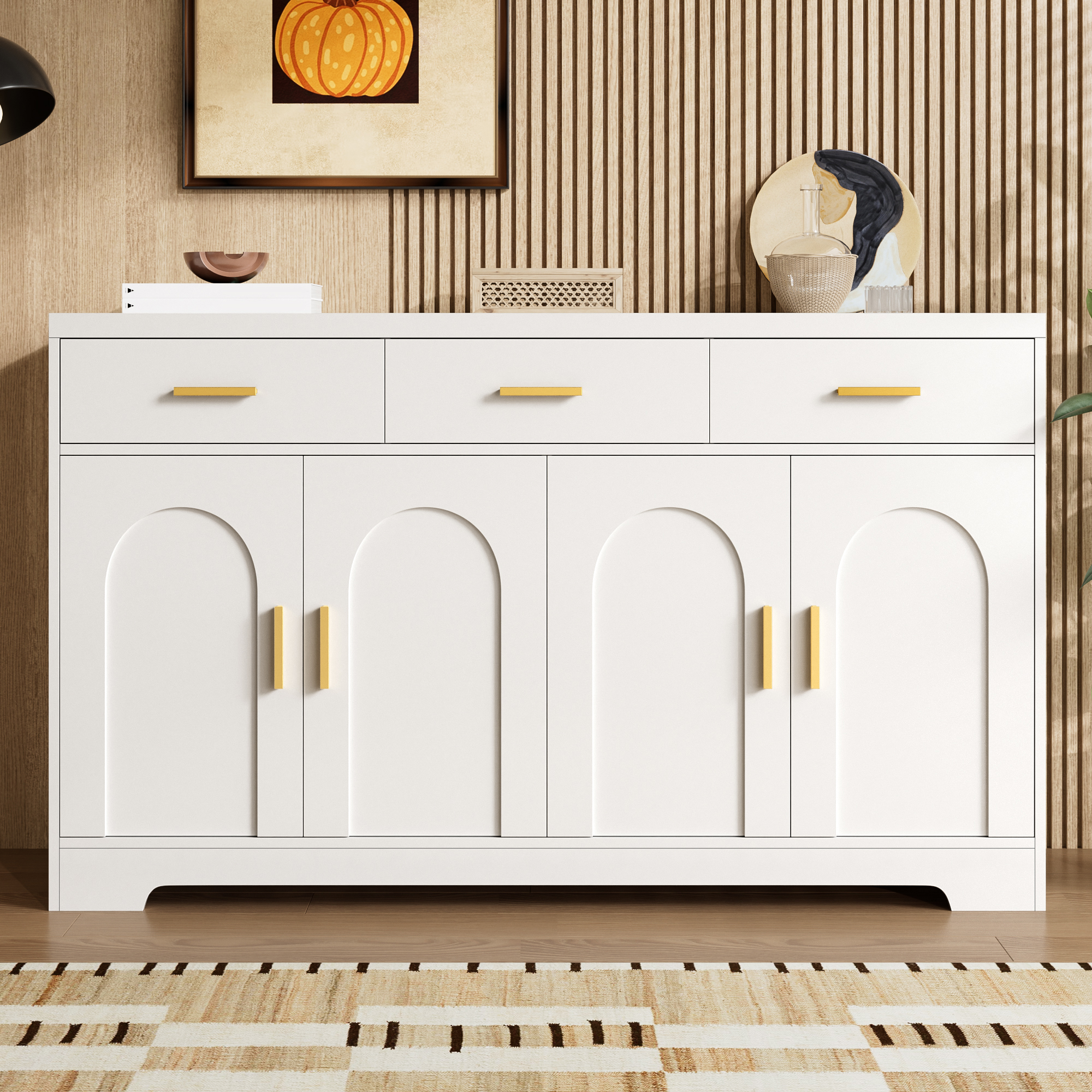 Buffet Blanc Moderne 140x83 cm, Meuble Rangement avec 4 Portes Arc et 3 Tiroirs, Panneau composite de fibres de bois à densité