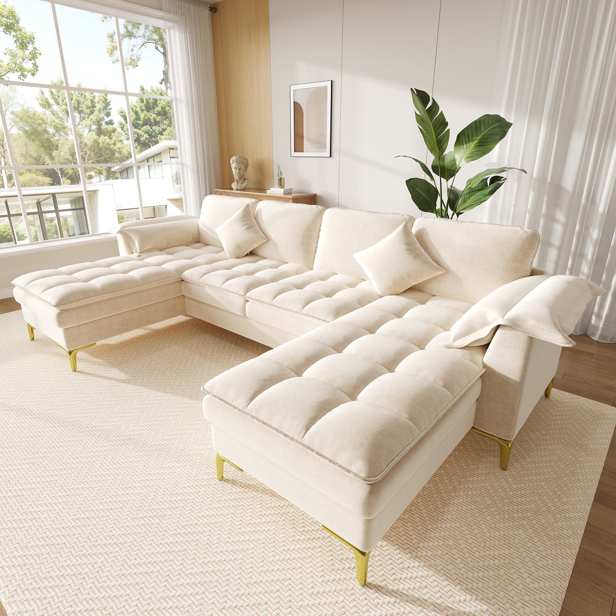 Canapé d'angle en U beige, tissu chenille, 4-5 places avec 2 chaises longues, pieds métal doré, style nuage pour salon moderne