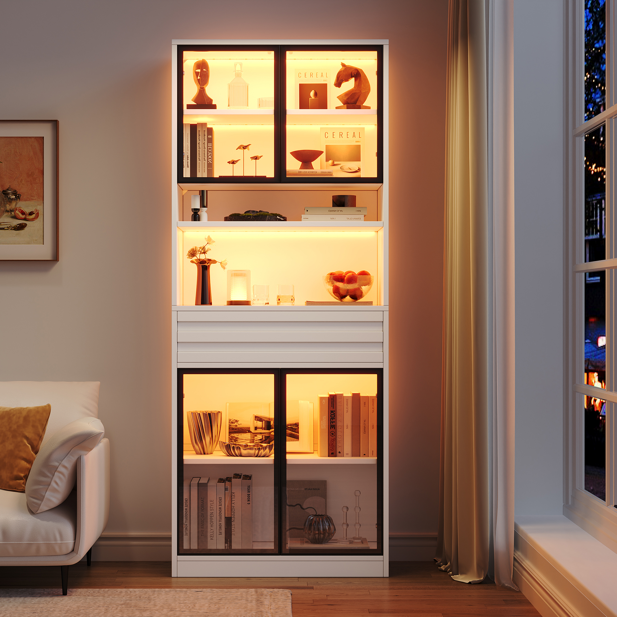 Vitrine Blanche Panneau composite de fibres de bois à densité 80x35x200 cm, Éclairage LED RGB Contrôlé par Application, 4 Portes Verre et Tiroir