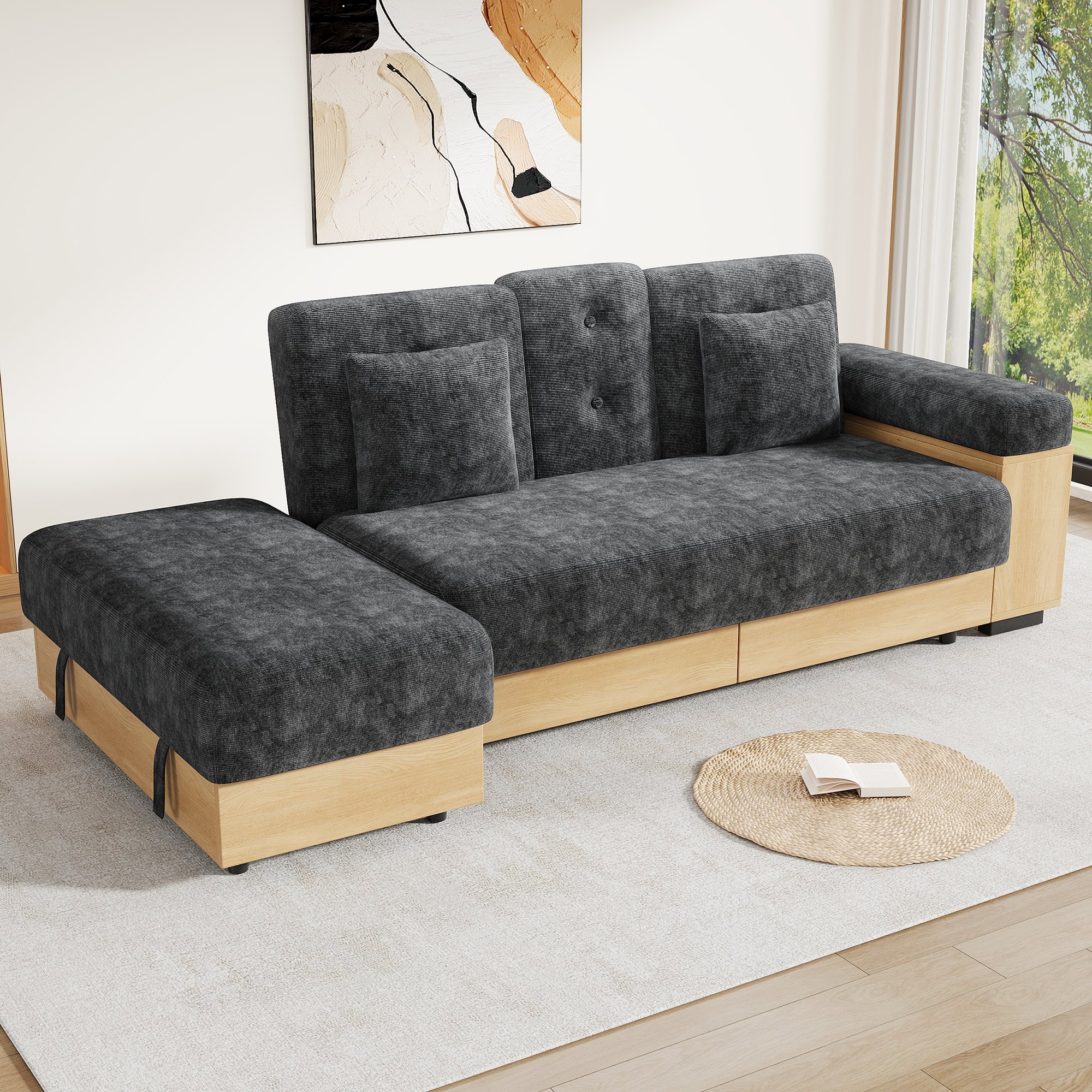 Canapé-lit avec rangement en tissu chenille gris 217x110x90cm, dossier réglable 3 positions, tiroirs et pouf coffre intégré