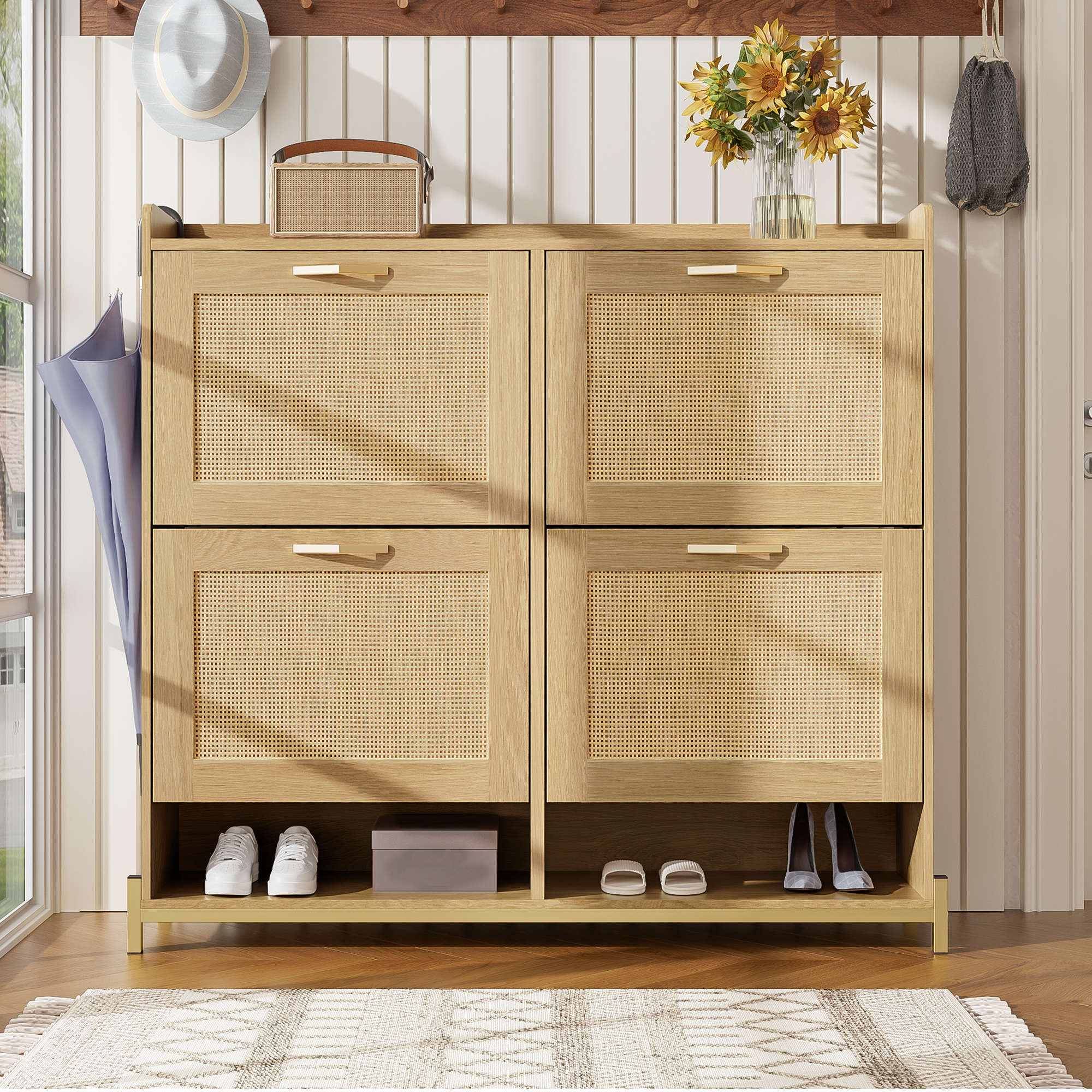 Meuble à chaussures 4 portes, 108,5x24x100 cm, Armoire hall d'entrée en Panneau composite de fibres de bois à densité et métal, couleur chêne clair avec étagère supérieure