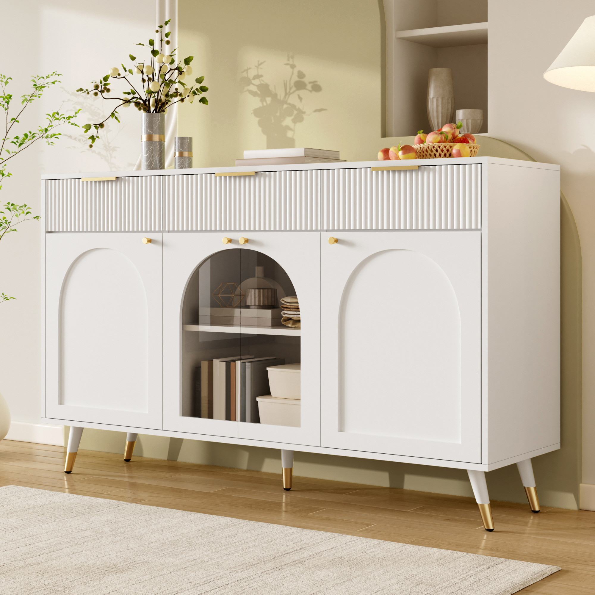 Buffet Rangement avec 4 Portes Acrylique Transparent et 3 Tiroirs, Meuble Bas Organisateur avec Poignées Métal et Pieds Bois
