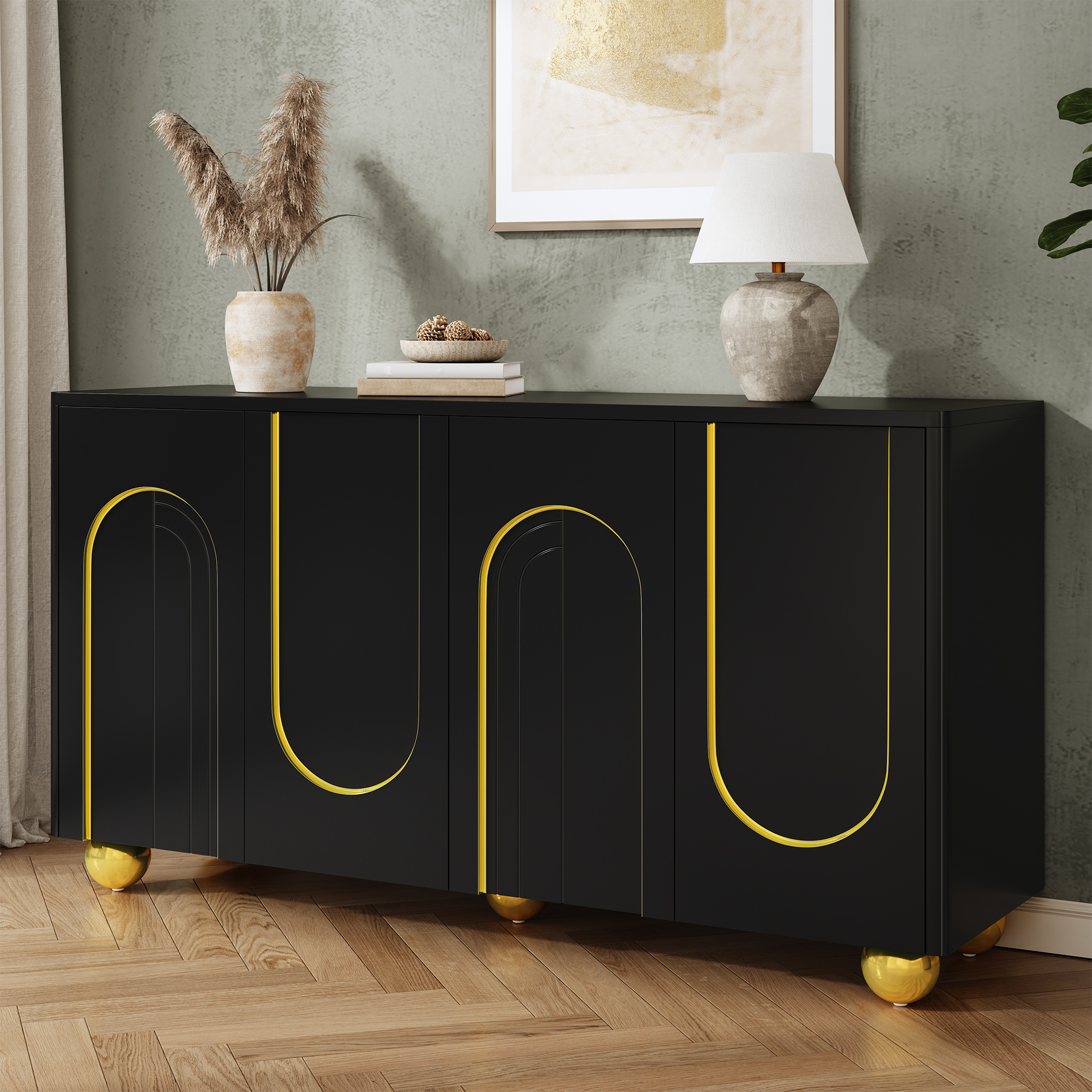 Buffet Noir Panneau composite de fibres de bois à densité Panneaux de Particules 4 Portes Étagères Fixes Charnières Amorties Pieds Métalliques 140x40x74 cm