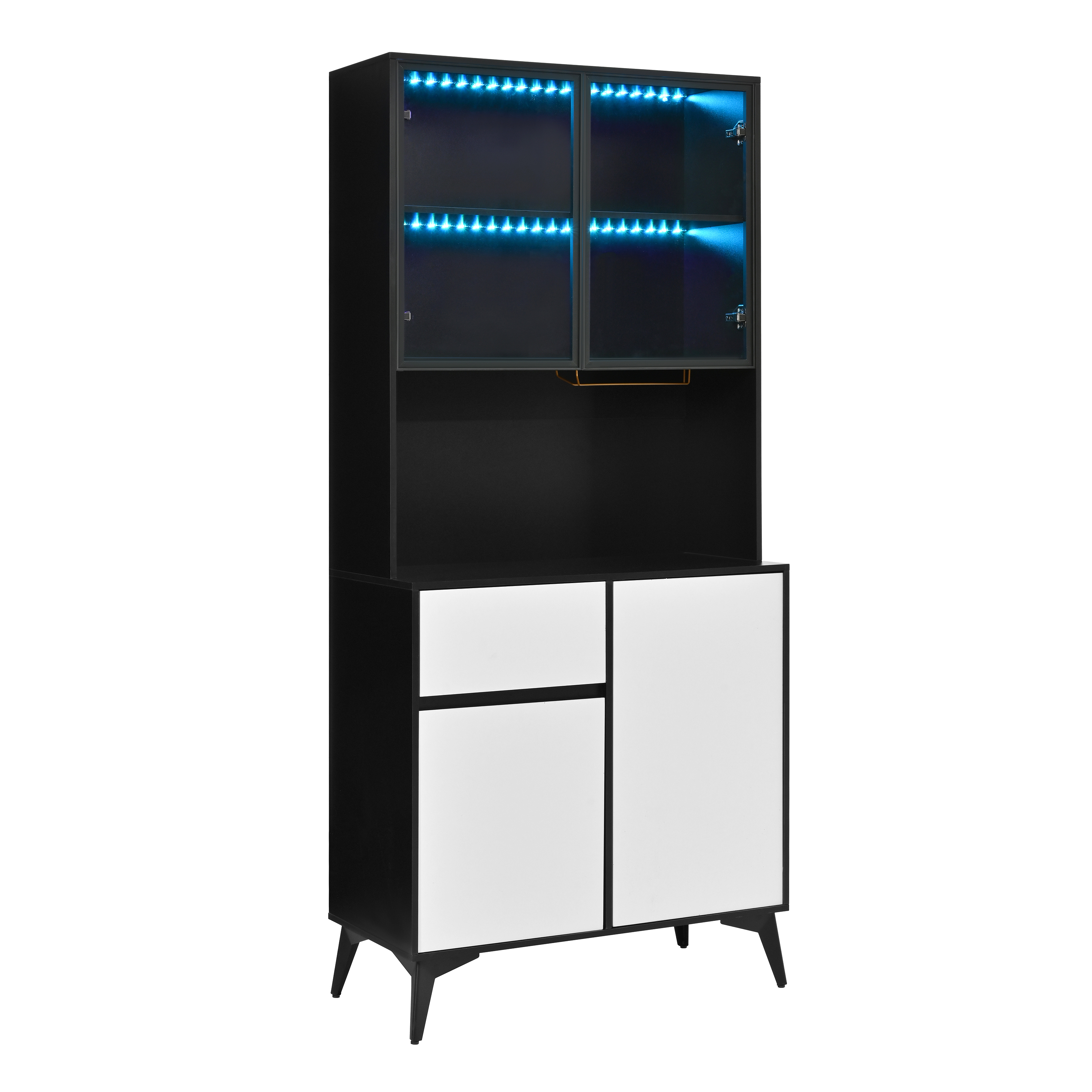 Vitrine Panneau composite de fibres de bois à densité Noir Blanc 80x40x180cm Buffet Cuisine 4 Portes Verre 1 Tiroir Charnières Silencieuses