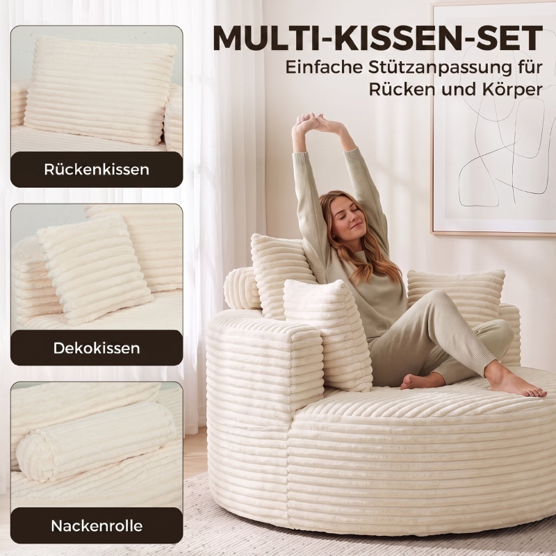 Fauteuil sans cadre 130x130x82 cm en tissu côtelé crème, canapé une place tout mousse avec 4 coussins inclus et charge max 250 kg