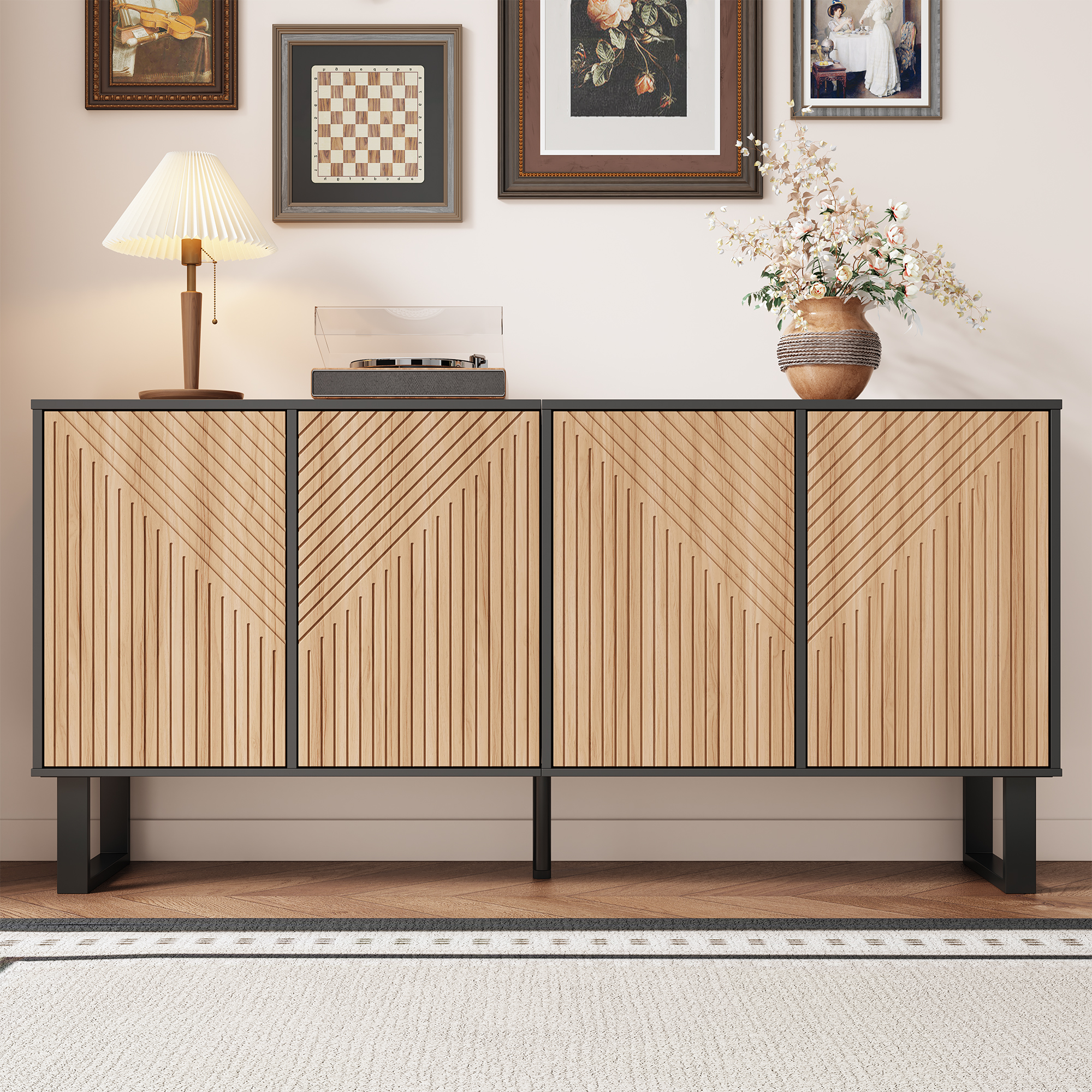 Buffet Entrée Salon avec Grand Rangement, Meuble TV Minimaliste 160 cm, Portes Striées 3D et Étagères Ouvertes