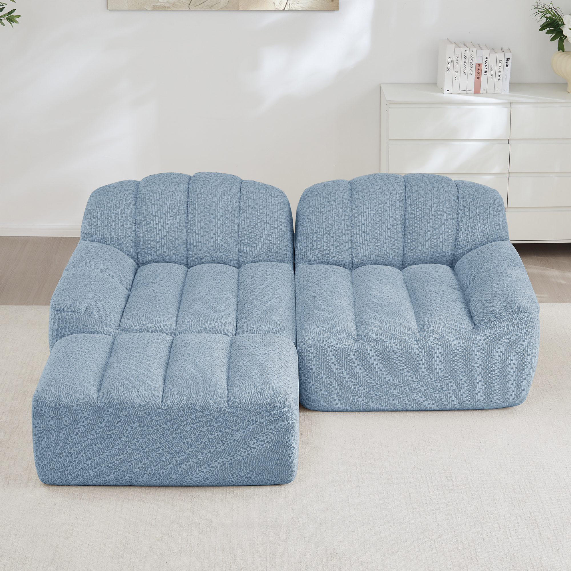 Canapé Modulable 2 Places En L Bleu Avec Ottoman, Canapé D'angle Sans Cadre Tissu Granuleux Profond Pour Salon Moderne
