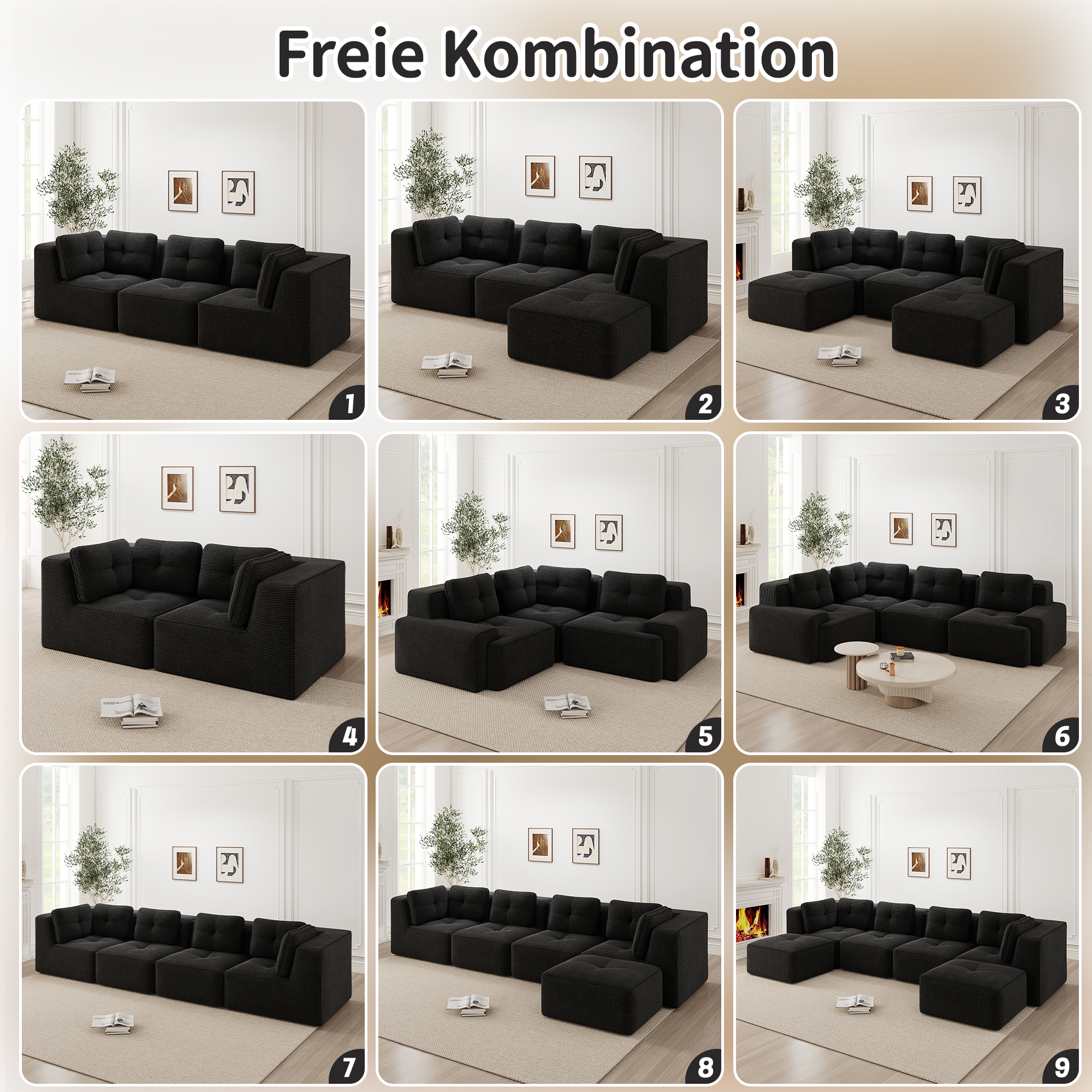 Canapé Modulable 4 Places Noir, Dimensions 386x104x69 cm, Profondeur de Siège 74 cm, Design Minimaliste Moderne pour Grand Salon