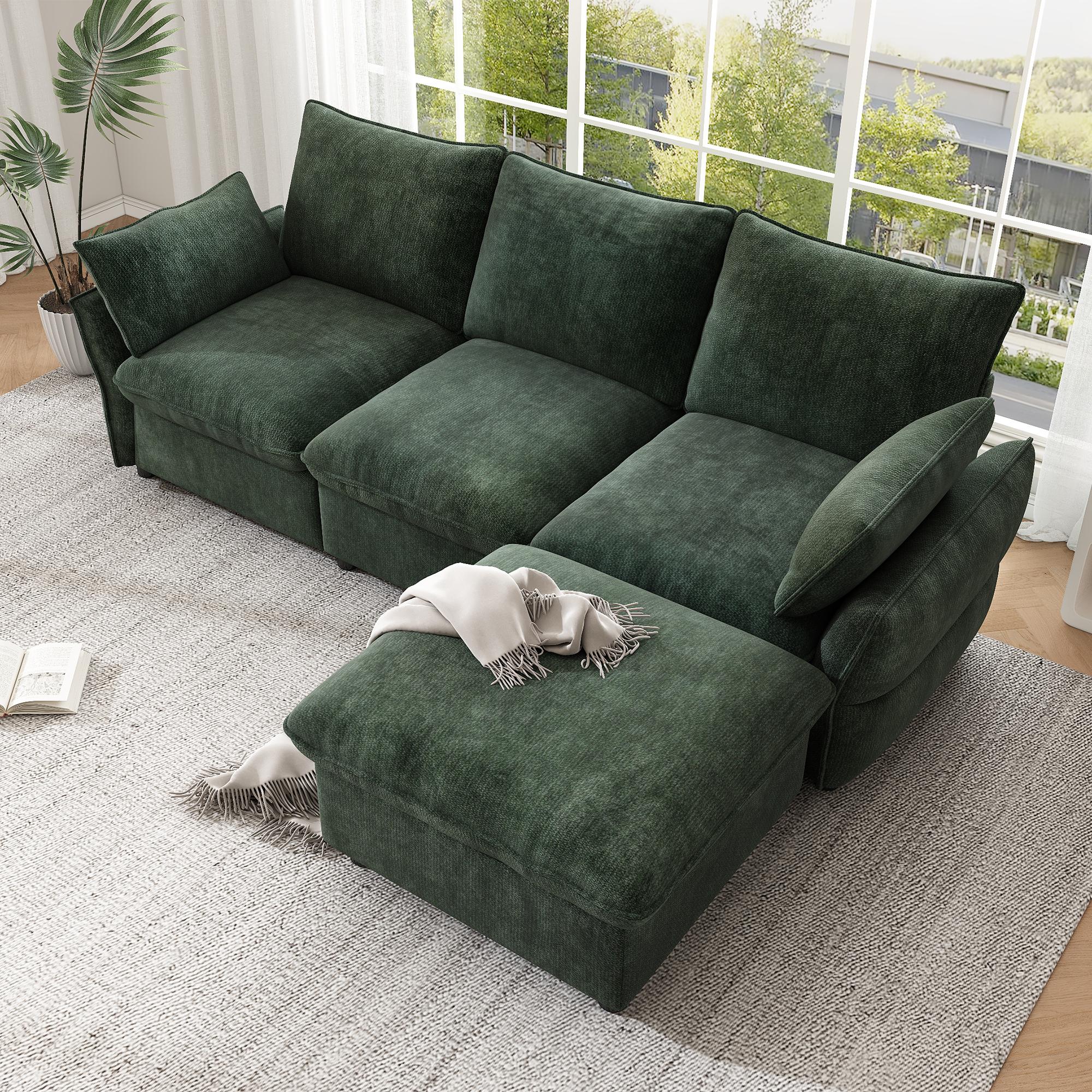 Canapé d'angle tissu chenille doux, cadre bois massif et métal, pieds plastique, rembourrage mousse et ressorts, couleur vert sombre
