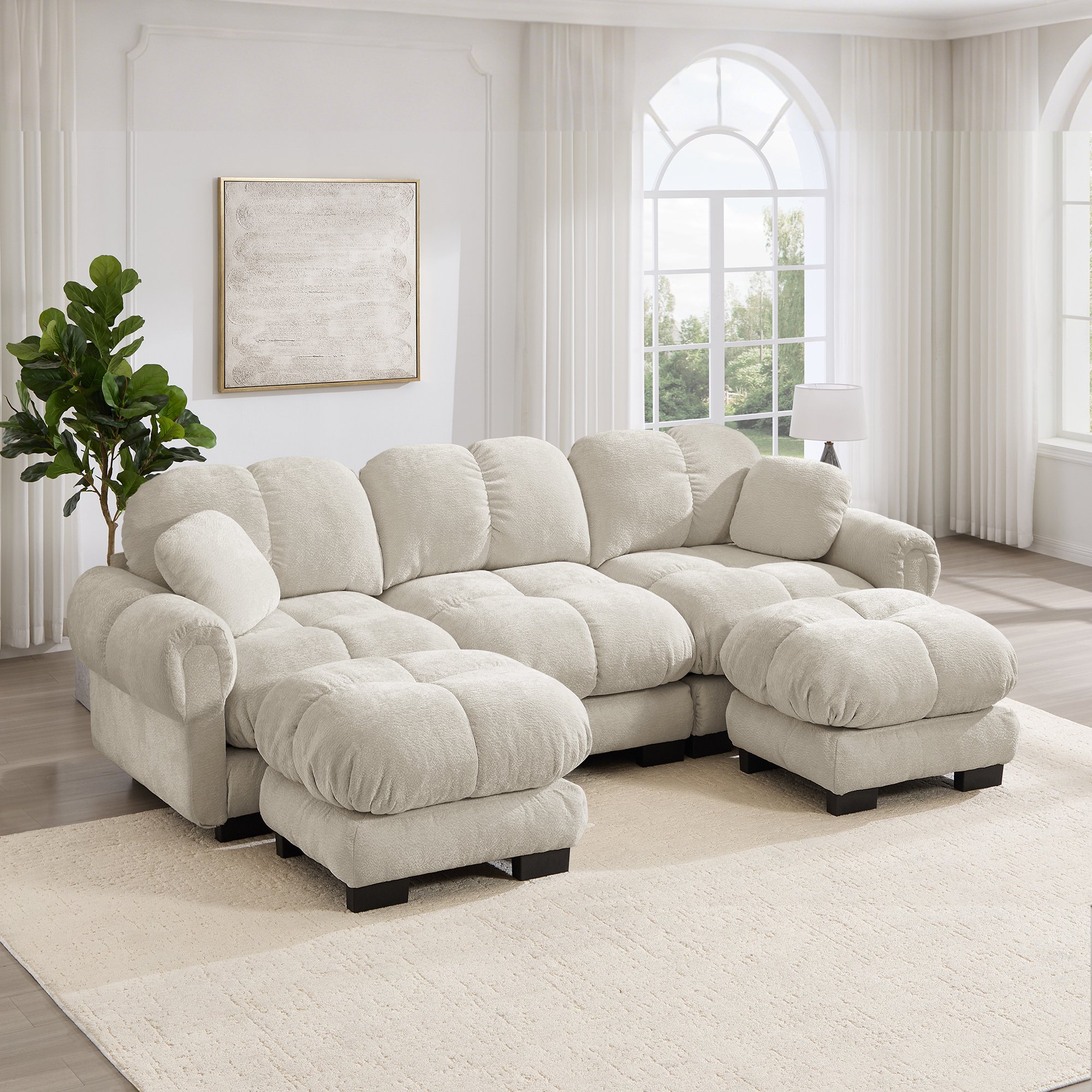 Canapé d'angle 3 places en chenille beige clair, design nuage avec ottoman mobile et coussins décoratifs inclus pour le salon