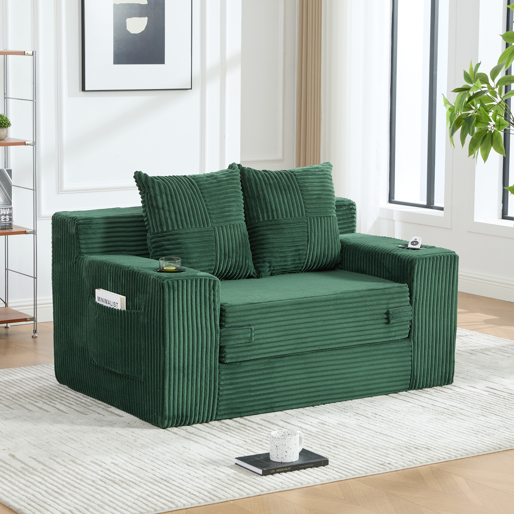 Canapé Droit En Velours Côtelé Vert Émeraude Structure Robuste Capacité 150kg Revêtement Tissu Doux Avec Pieds Décoratifs