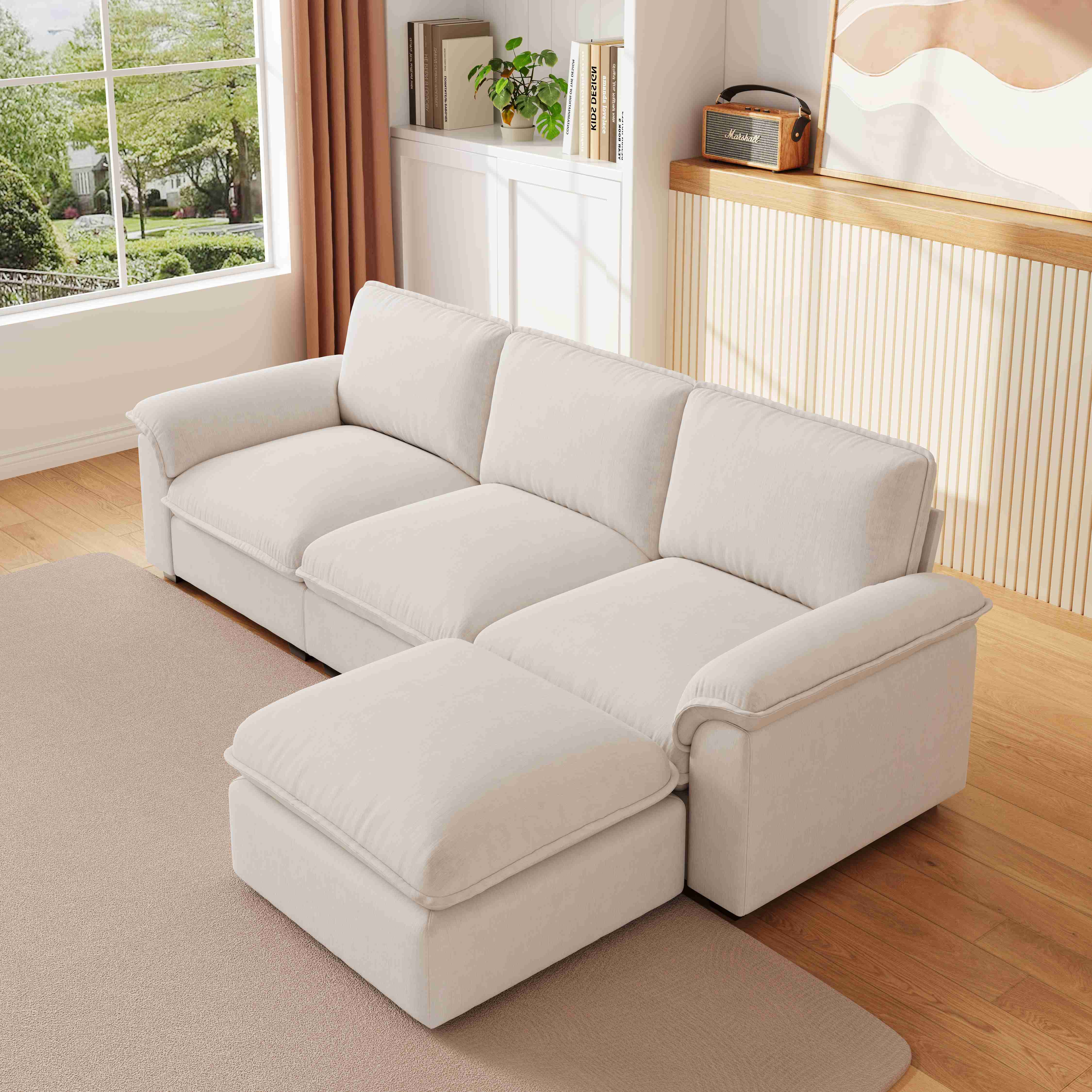 Canapé d'angle 4 places beige en tissu chenille respirant avec ottomane modulable, coussins ergonomiques et housse lavable pour salon moderne