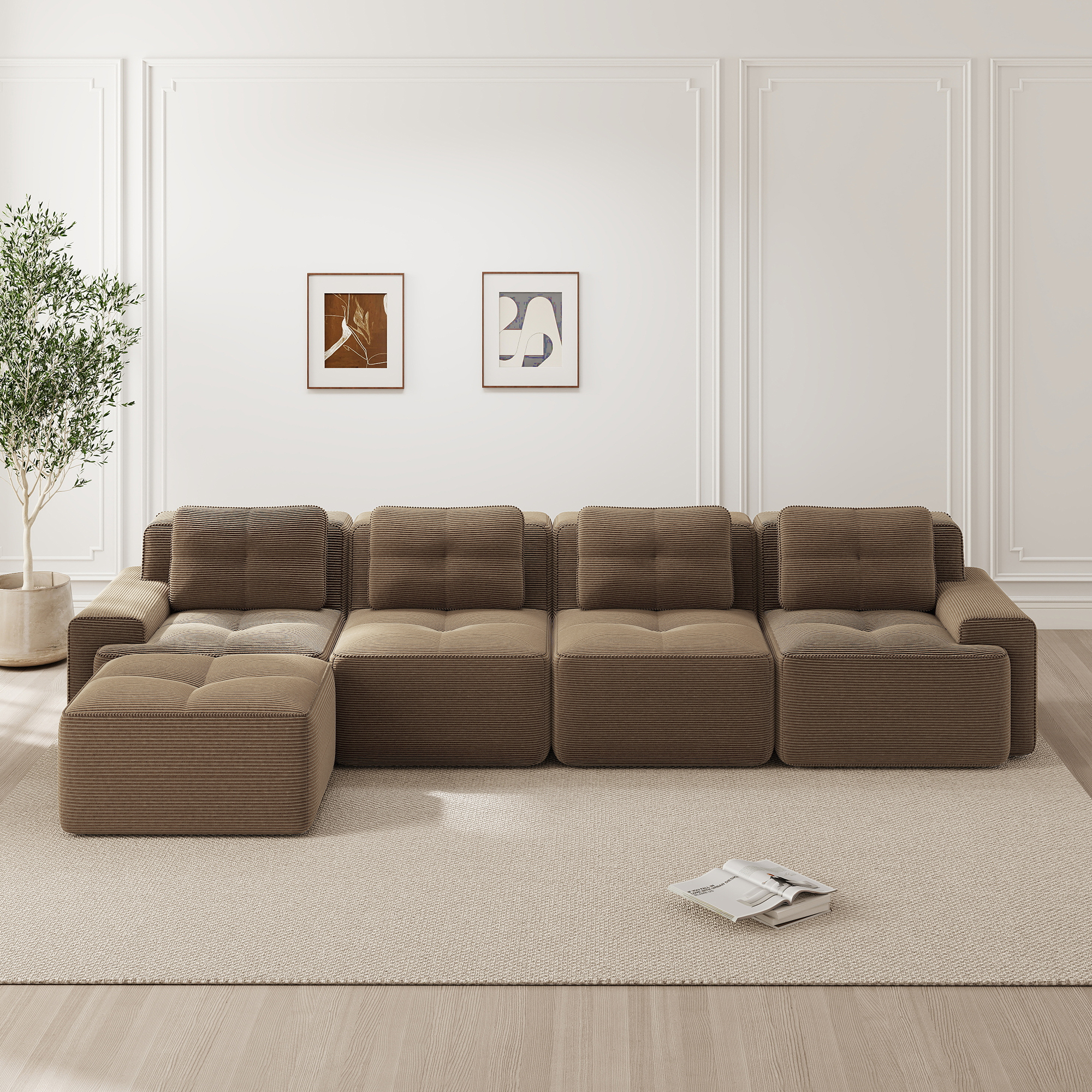 Canapé 4 Places en Velours Côtelé Marron, Structure Modulaire avec Méridienne, Assise Profonde 74 cm, Base Antidérapante