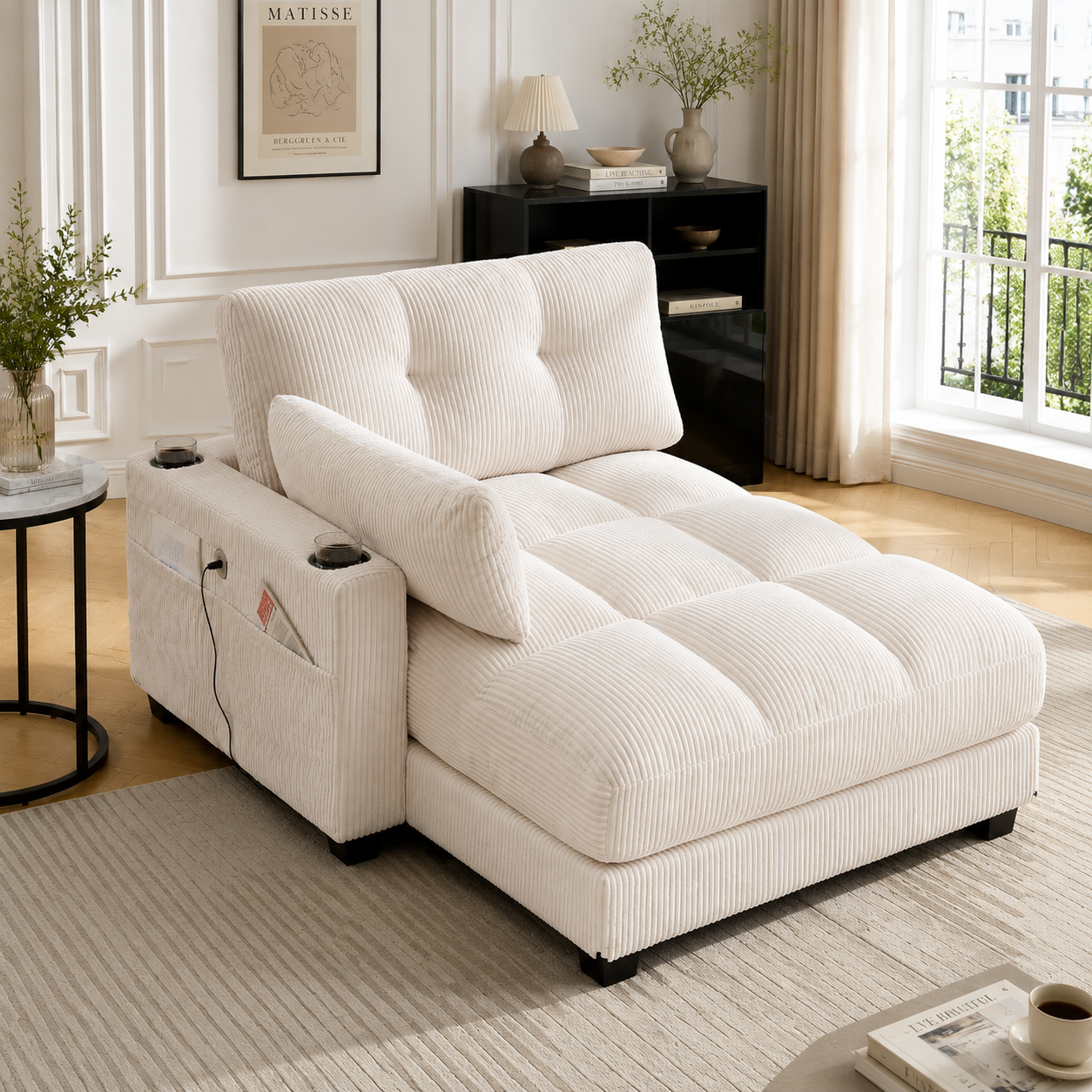 Canapé 140x112x81 cm en velours côtelé beige avec accoudoirs réversibles et coussins d'appui-tête
