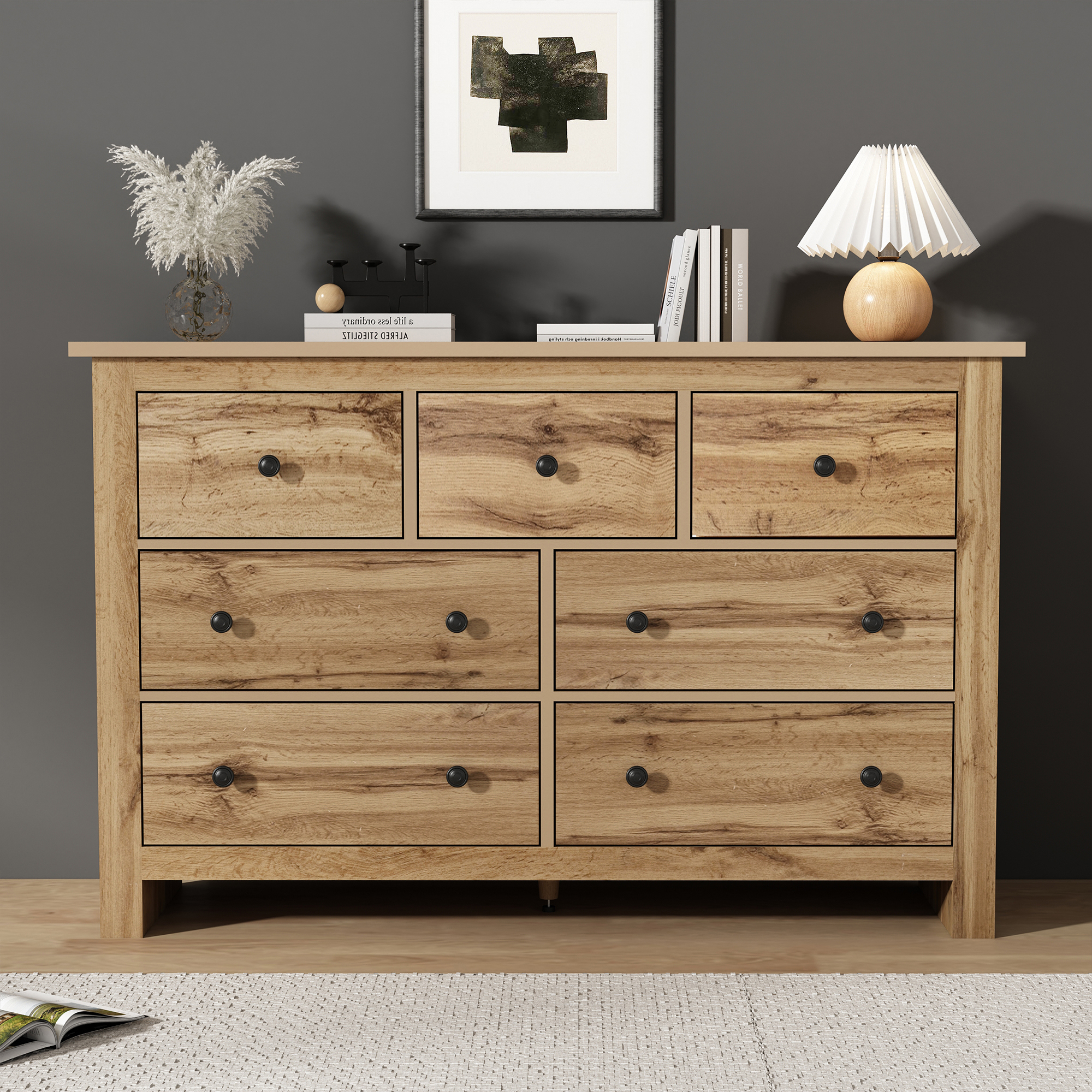 Buffet 7 Tiroirs Meuble Rangement Bois Couleur Naturelle Design Moderne Minimaliste Pour Cuisine Salle À Manger Entrée 152x40x89 Cm