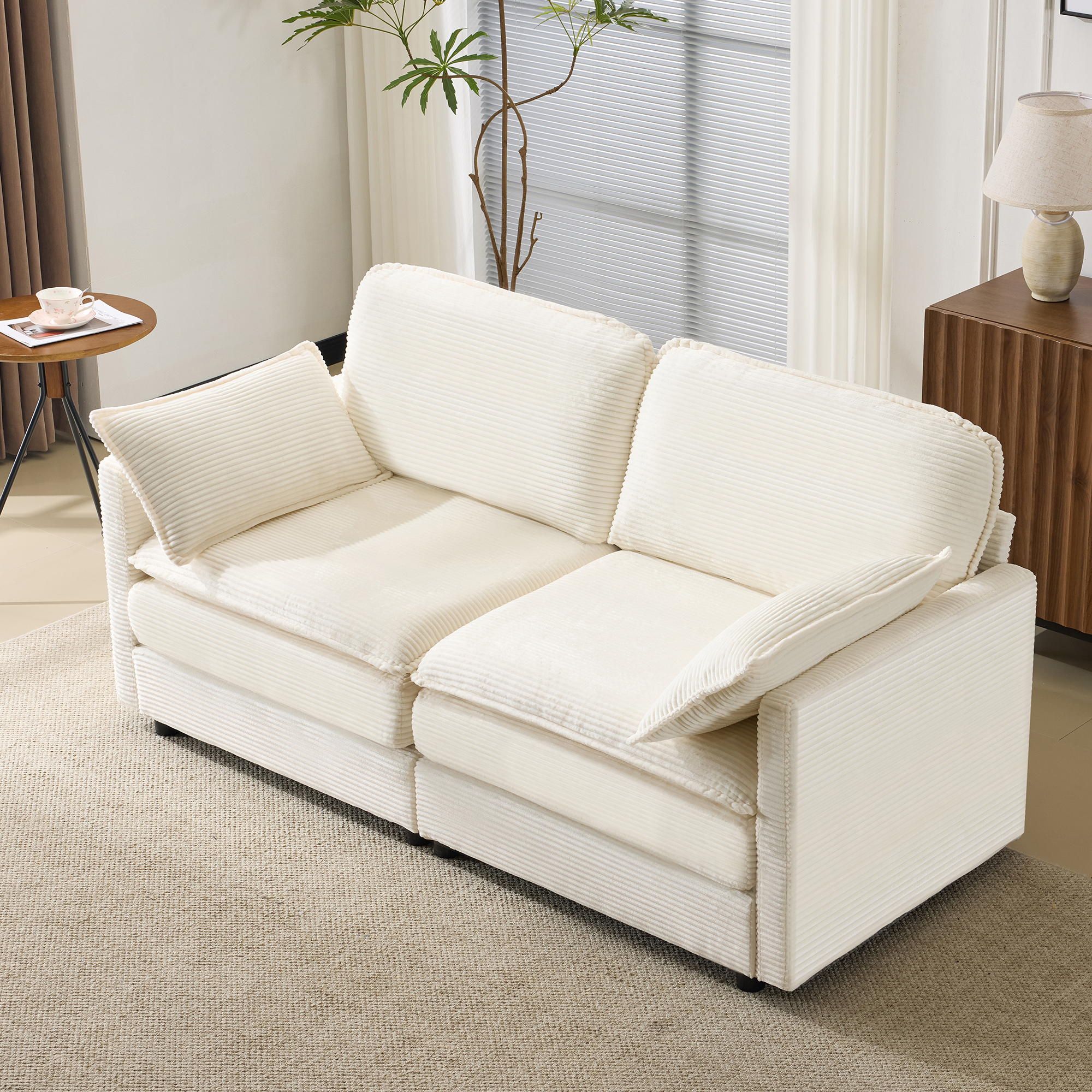 Canapé Modulable 2 Places Blanc Tissu Respirant Structure Bois Stable Design Minimaliste Contemporain Salon