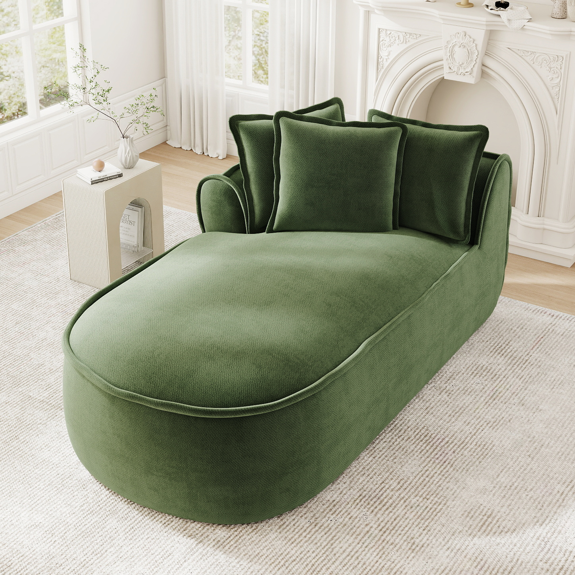 Canapé 2 places en chenille vert avec méridienne gauche, coussins inclus et 2 modules indépendants