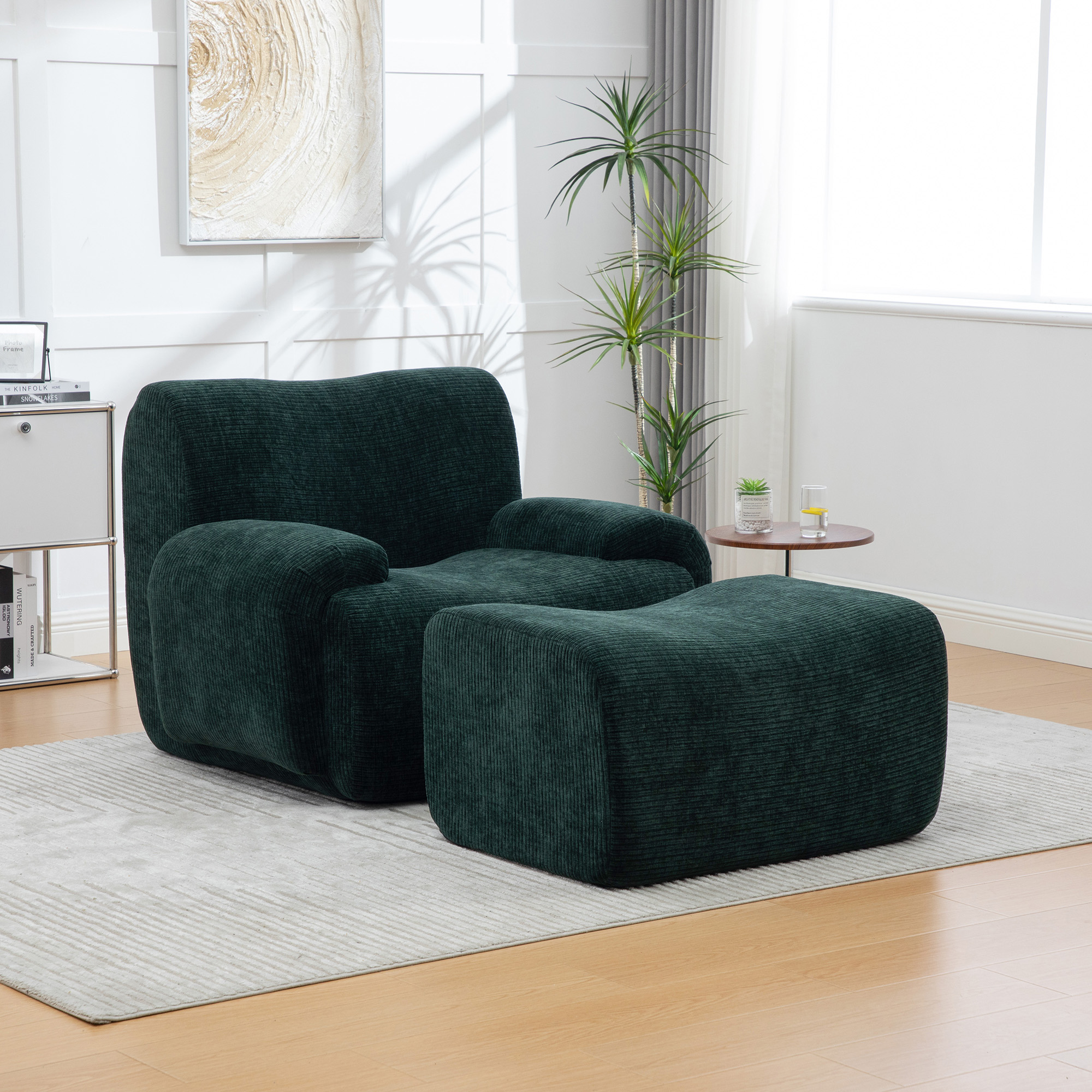 Fauteuil Chenille Vert avec Repose-Pieds, Canapé Individuel Rembourré pour Salon et Petit Espace