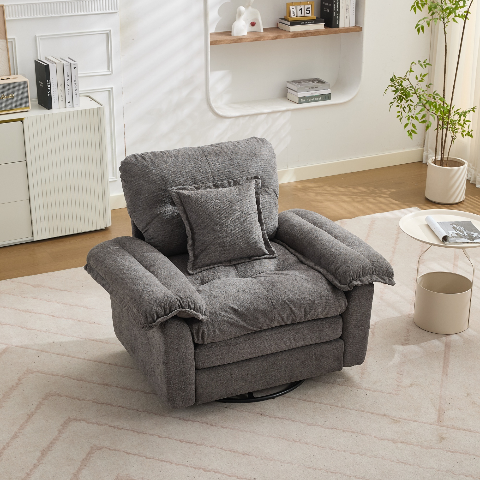 Fauteuil Rotatif 360° Gris Chenille - Siège Pivotant Oversized Ergonomique avec Coussin de Soutien pour Salon et Chambre