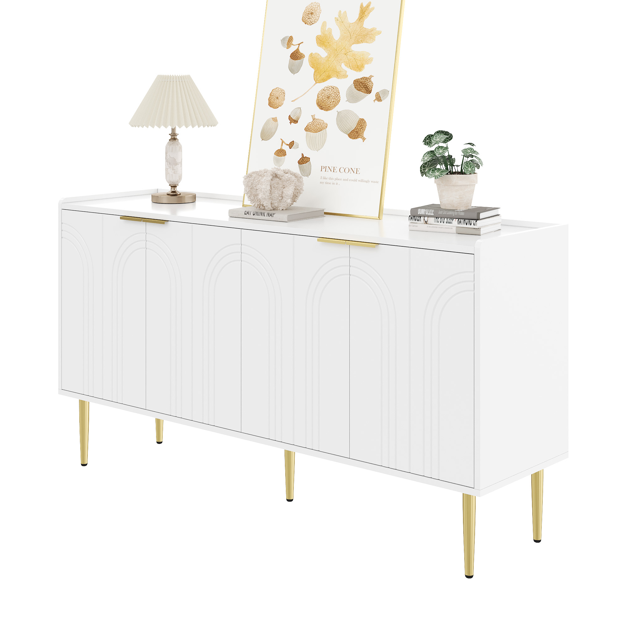 Buffet Blanc Panneau composite de fibres de bois à densité, Meuble de Rangement à 4 Portes Galbées avec Étagères Réglables et Pieds en Fer Dorés, 140x38x75 cm