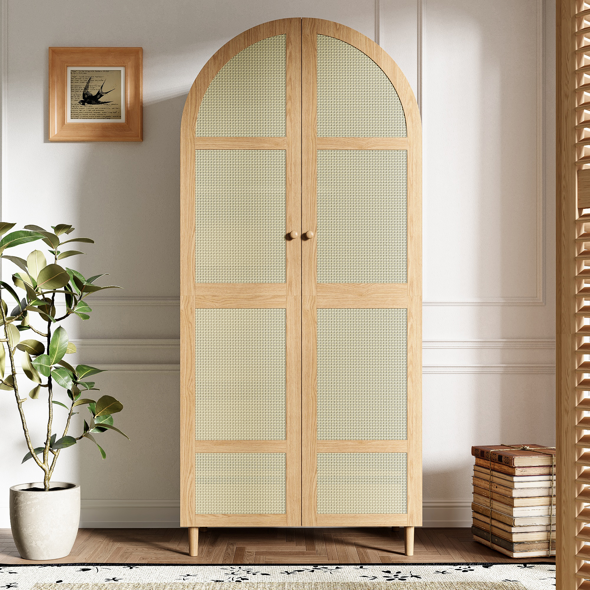 Armoire Design Panneau composite de fibres de bois à densité et Panneaux de Particules avec Portes Courbes et Revêtement Rotin Naturel