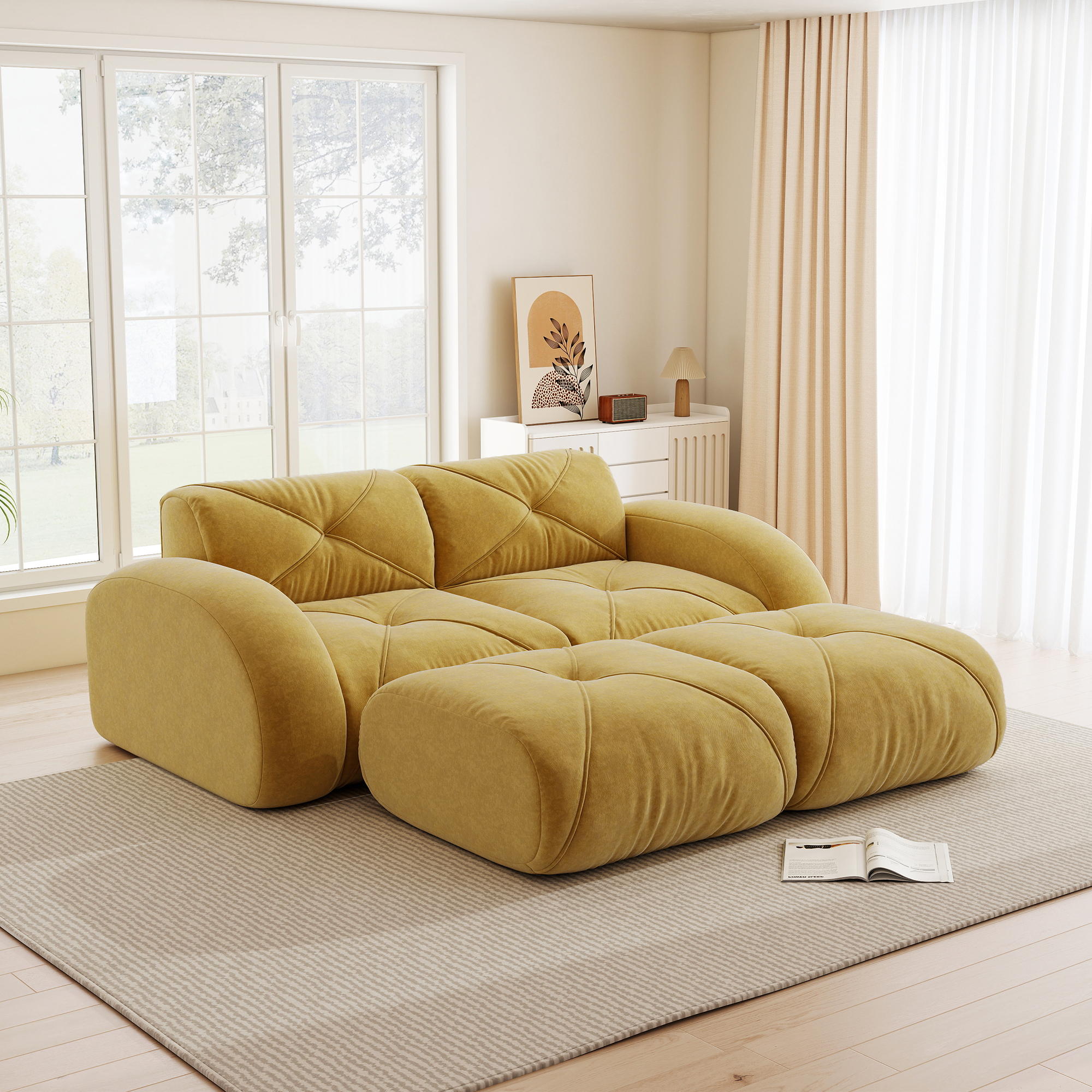 Canapé modulable 2 places en tissu Chenille jaune, design sans accoudoirs avec 2 repose-pieds inclus pour salon moderne