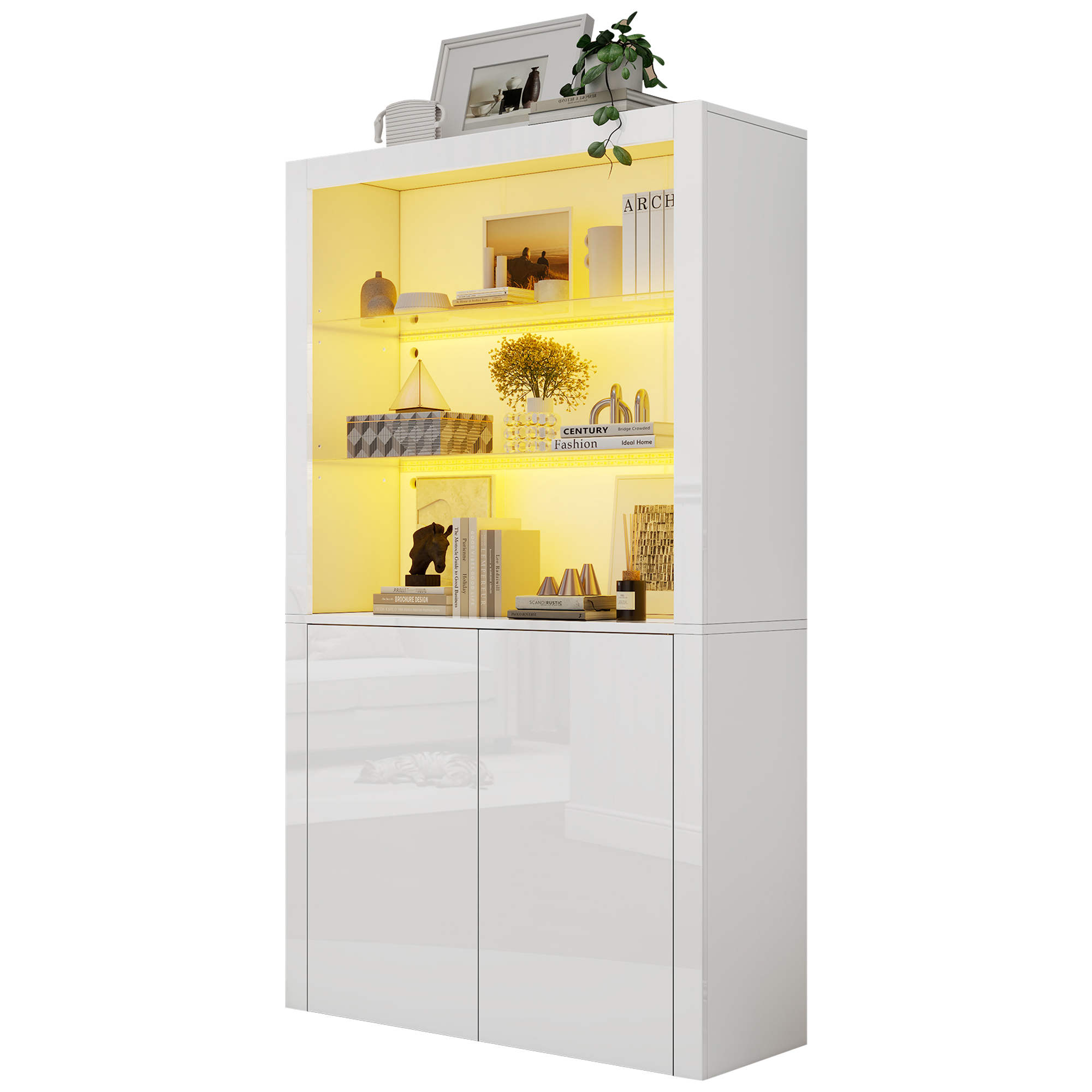 Vitrine LED Blanche Panneau composite de fibres de bois à densité Verre Trempé 100x35x170 cm Meuble Rangement Salon Étagère Exposition Lumineuse Design Moderne