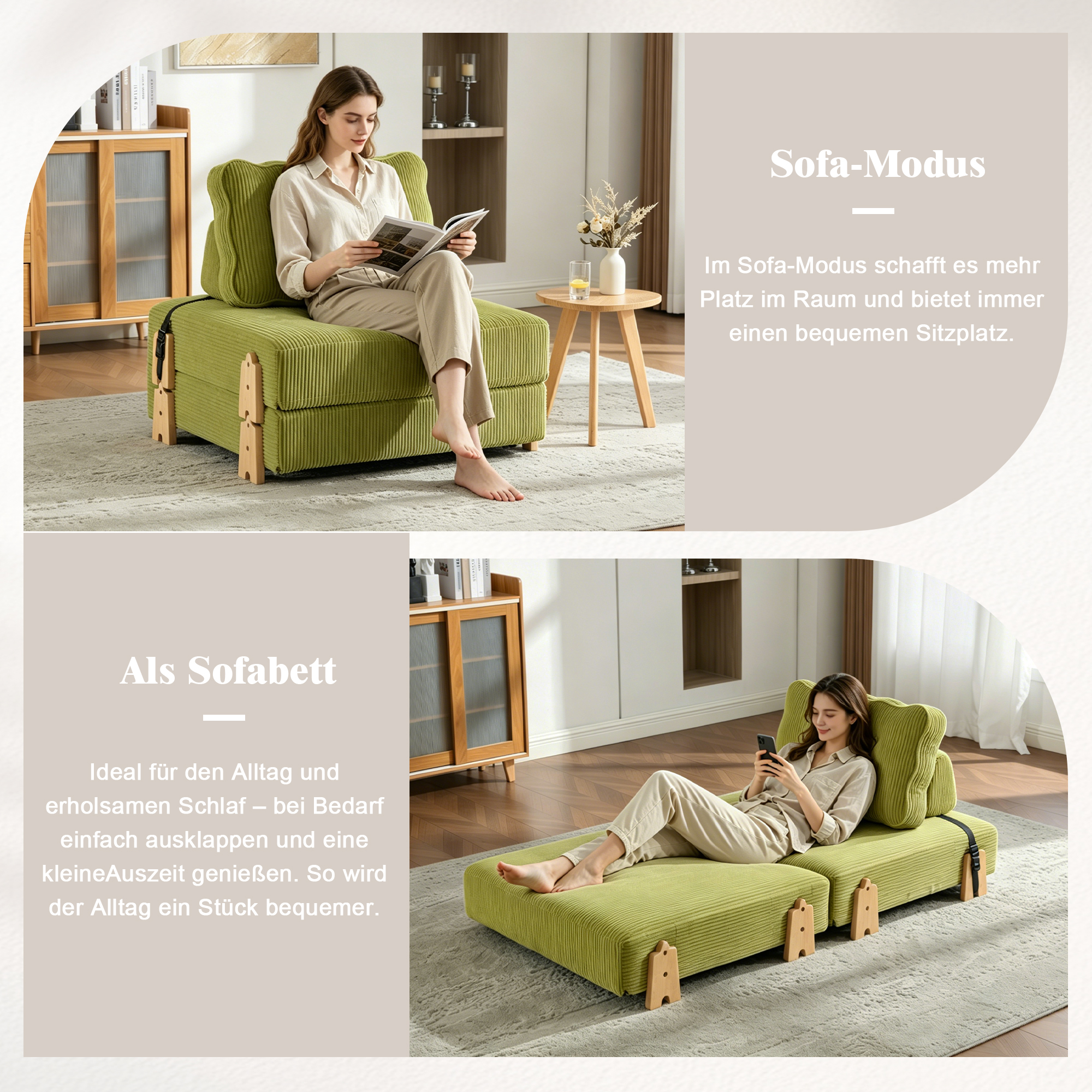Lit rembourré compact en velours côtelé olive avec sommier à lattes pour petit salon et chambre d'amis
