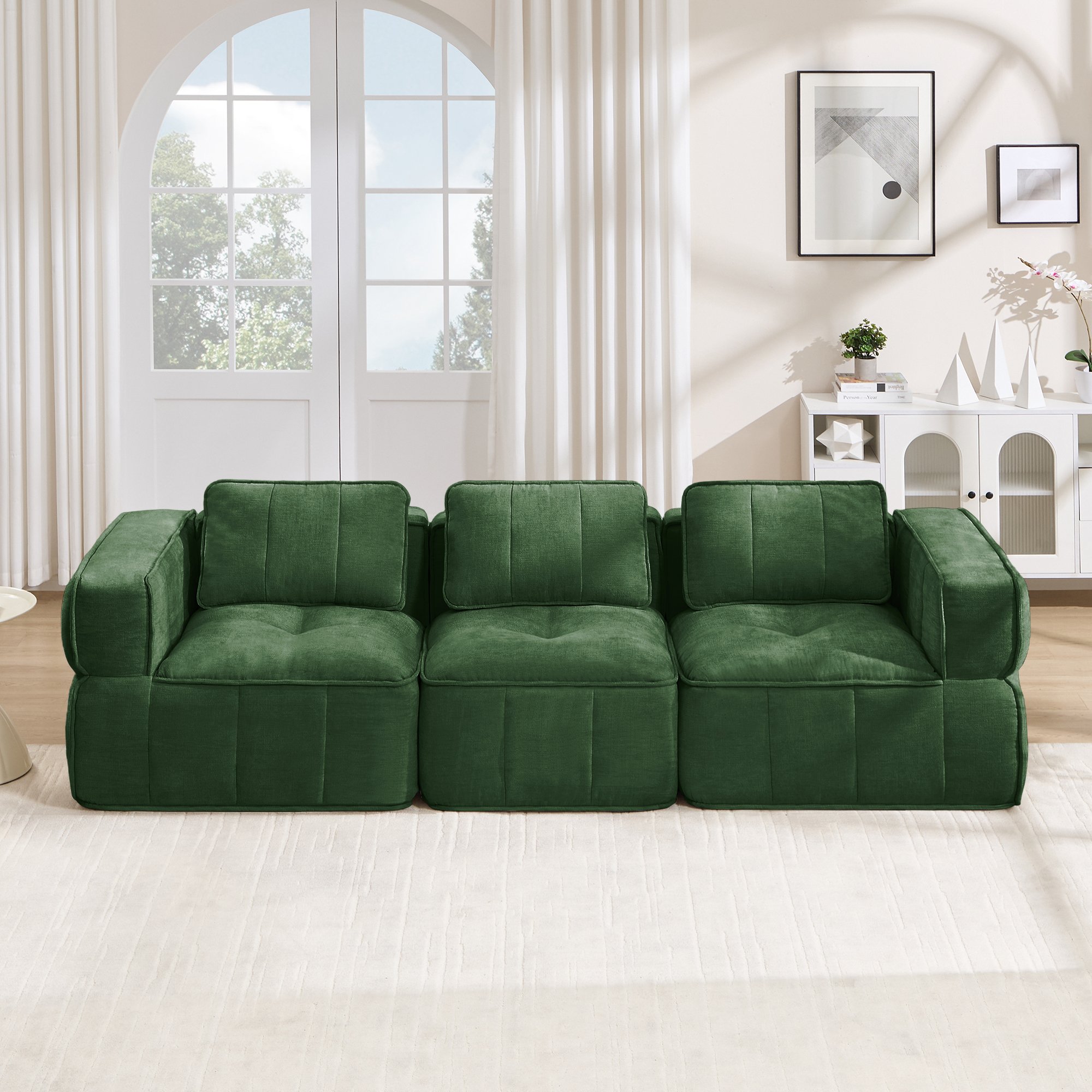 Canapé modulable 3 places vert en tissu polyester, design sans pieds, mousse haute densité 32D, dimensions 271x93x67 cm, aucun montage requis pour le salon.
