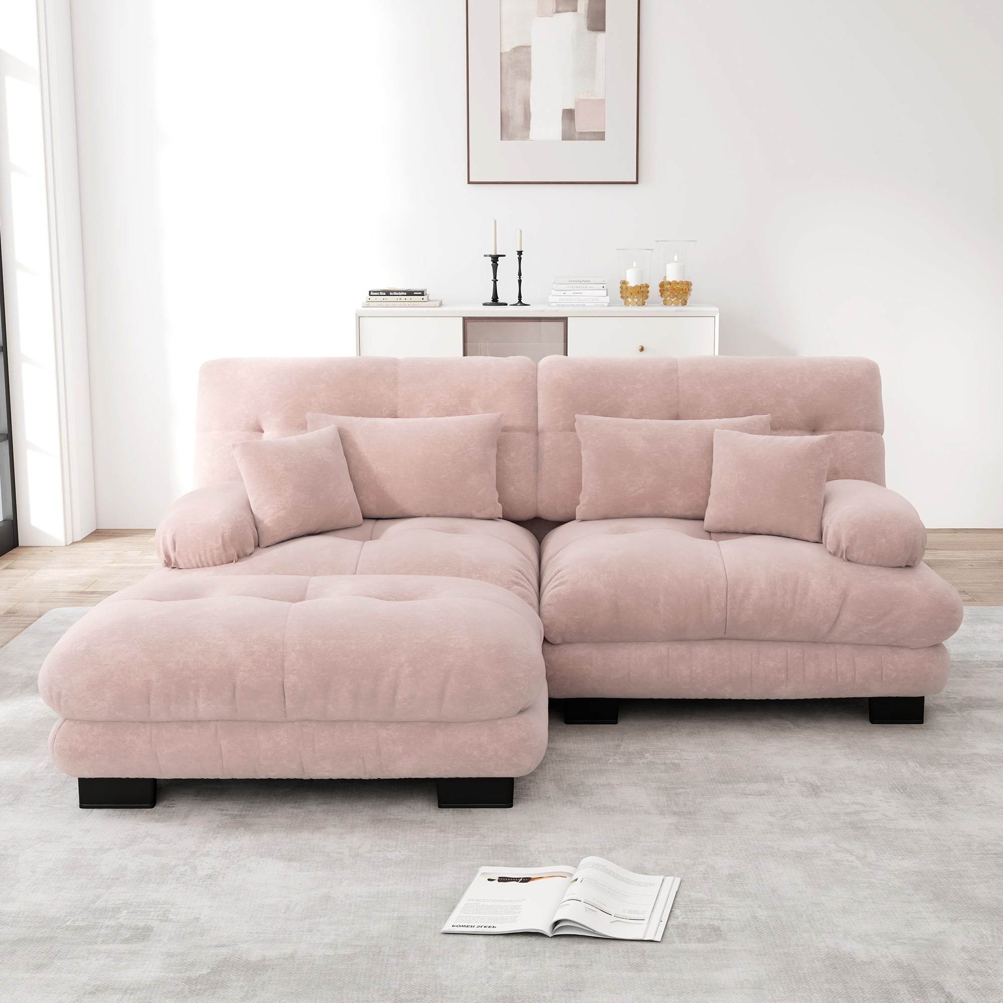 Canapé d'angle 4 places en tissu chenille rose avec accoudoirs larges et ottoman mobile pour salon