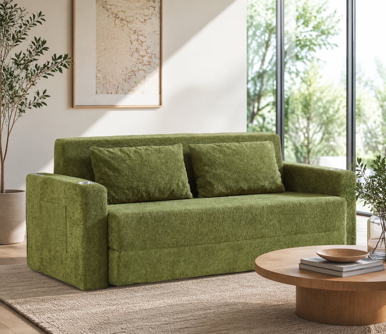 Canapé-lit 2 places vert en velours côtelé avec ports USB, poches latérales et coussins inclus, format compact 153x77cm pour petits espaces