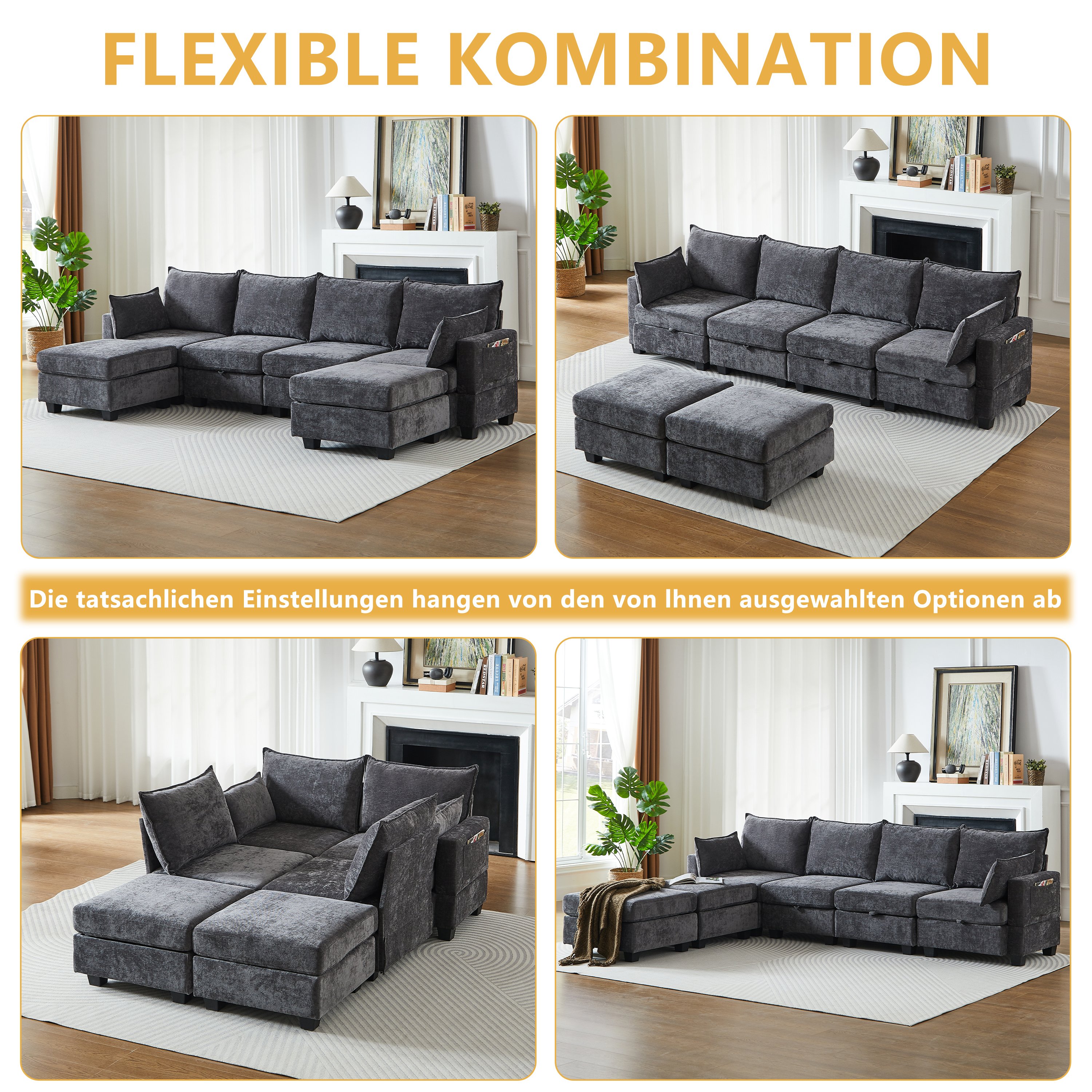Canapé Modulable 6 Places En U Avec Rangement Intégré, Canapé D'angle Convertible Lit Pour Invités, Revêtement Chenille Gris