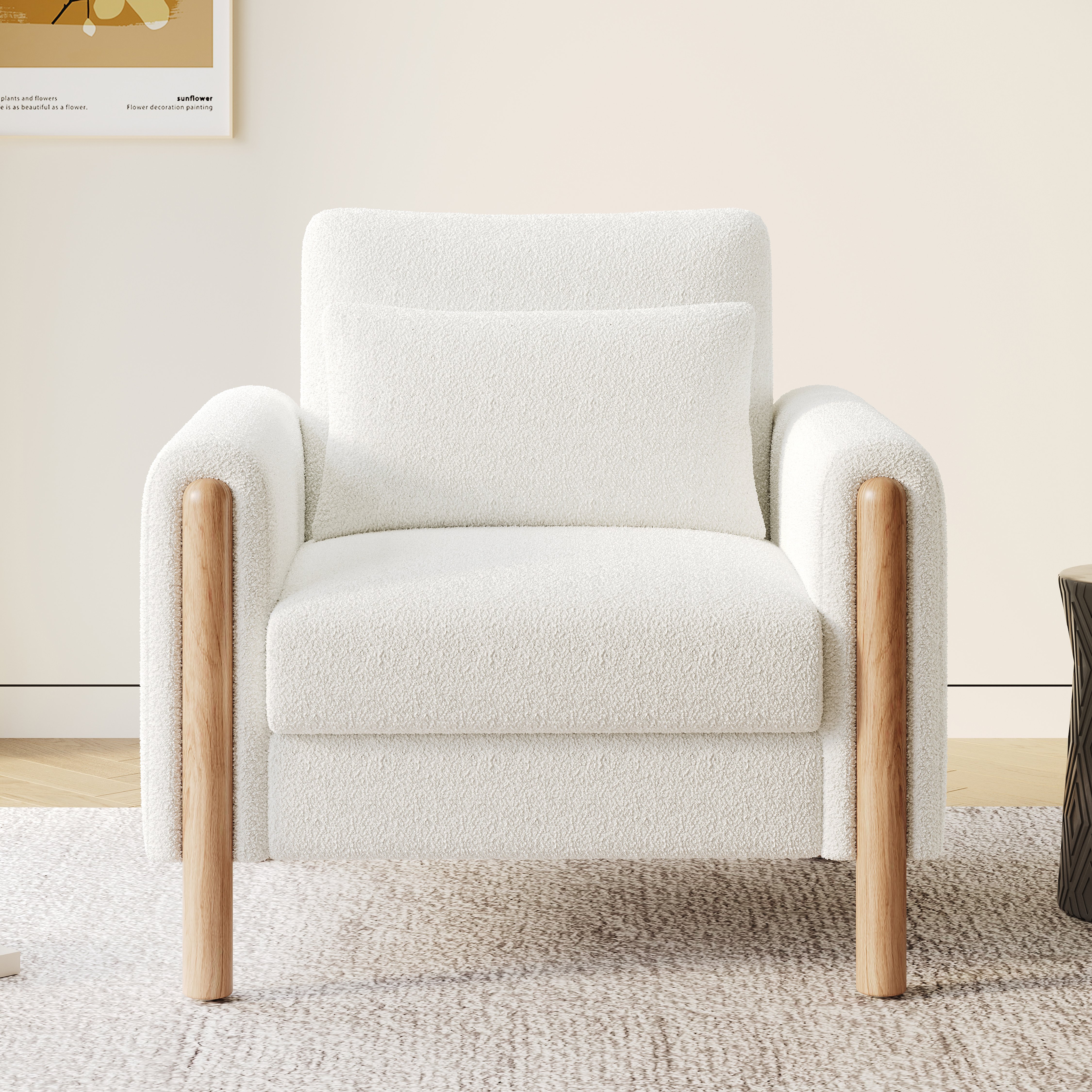 Canapé 1 place rembourré avec coussin amovible et structure bois massif, teddy blanc, charge 150 kg